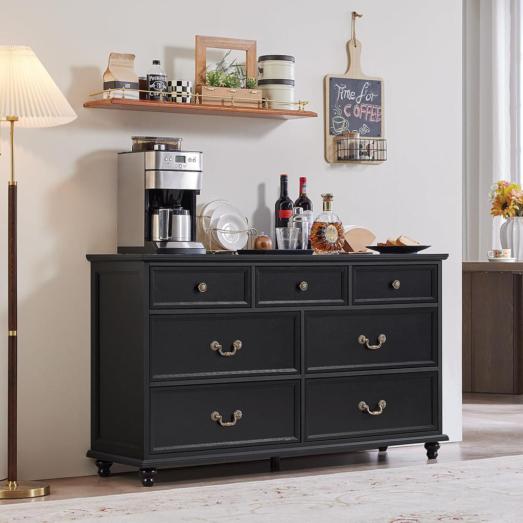 Joaxswe Farmhouse 54' 7 Drawers Dresser for Bedroom, Wide Chest of Drawers w/ 4 Wooden Legs, Vintage Large Closet Storage Dressers Organizer for Hallway, Wood Rustic TV Stand for Living Room, Black