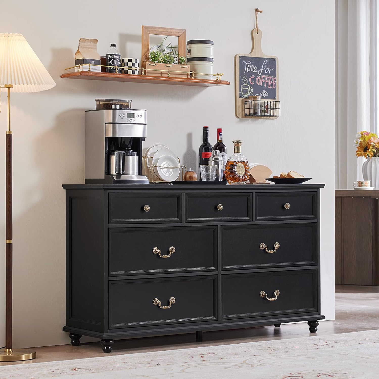 Joaxswe Farmhouse 7 Drawers Dresser for Bedroom, Black 54 Inch Wide Chest of Drawers w/ 4 Wooden Legs, Large Vintage Rustic Closet Dressers for Living Room, Wood TV Stand with Storage Organizer