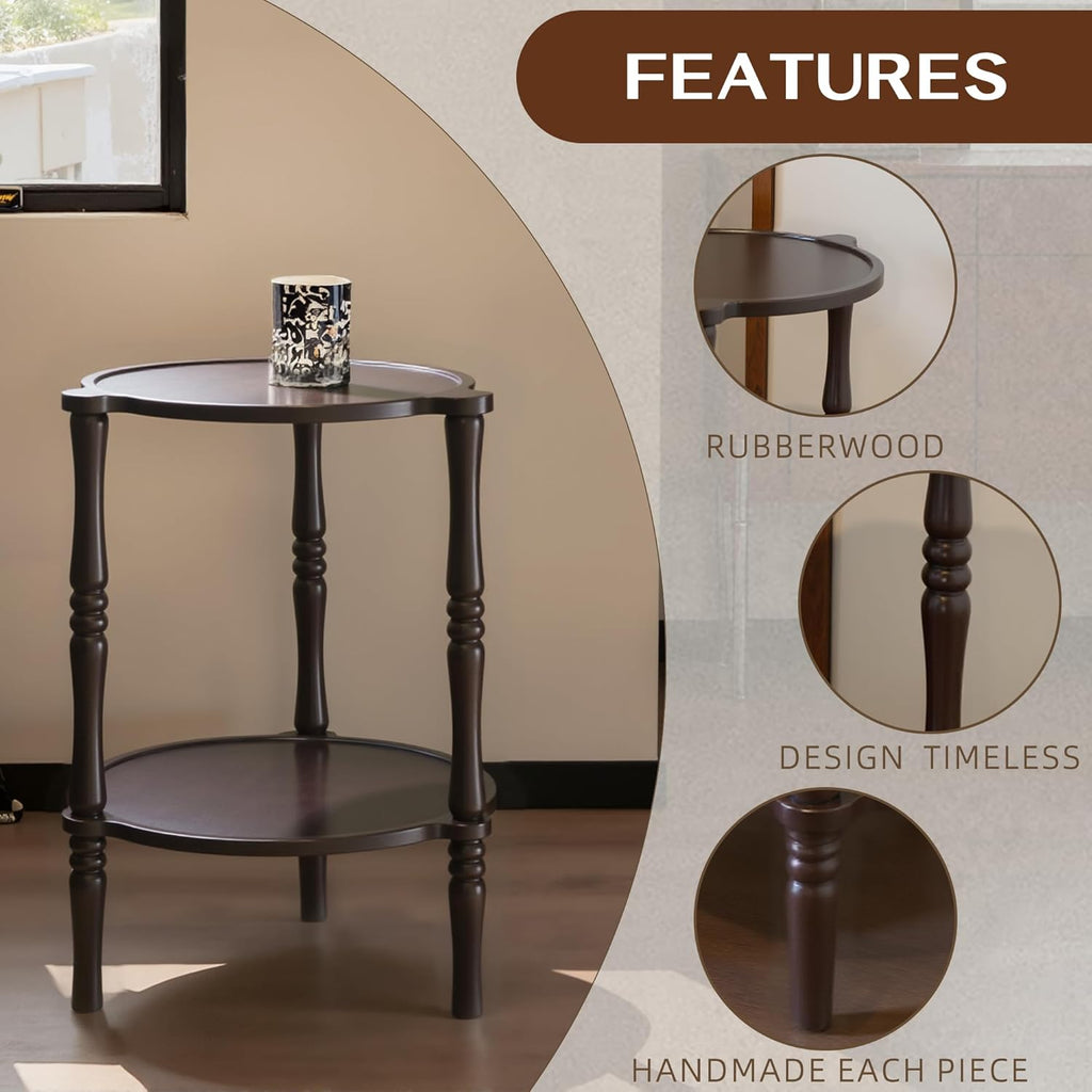 Accent Wood End Table, 2-Tier Round Bedside Table, Natural Side Table Nightstand for Family, Bedroom, Living Room, Handcrafted Finish, Walnut