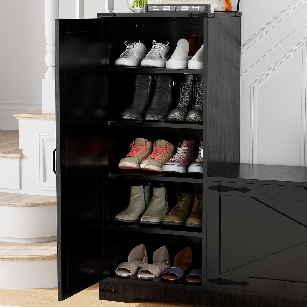 GOODONE 52' Farmhouse Shoe Cabinet with Bench, L-Shaped Shoe Storage Bench with Umbrella Stands, Tall Shoe Organizer Cabinet with Adjustable Shelves for Entryway, Living Room, and Stairwell(Black)