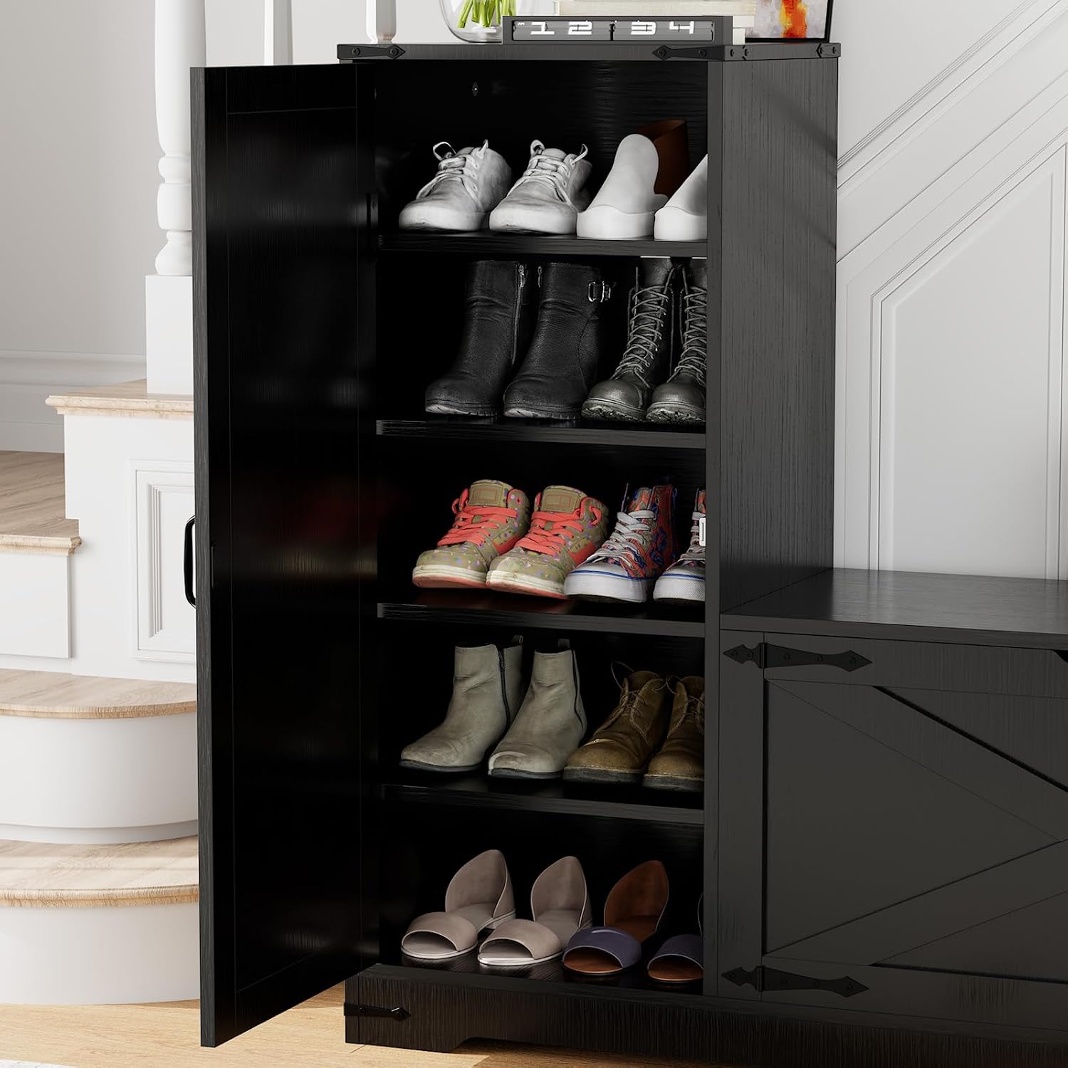 GOODONE 52' Farmhouse Shoe Cabinet with Bench, L-Shaped Shoe Storage Bench with Umbrella Stands, Tall Shoe Organizer Cabinet with Adjustable Shelves for Entryway, Living Room, and Stairwell(Black)