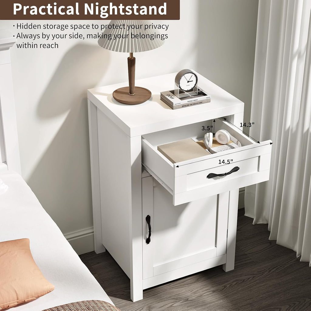 White Nightstand Set of 2 with Drawer, Farmhouse End Table with Storage Cabinet and Adjustable Shelf, 30' Tall Bedside Table Rustic Wood Sofa Side Table for Living Room, Bedroom