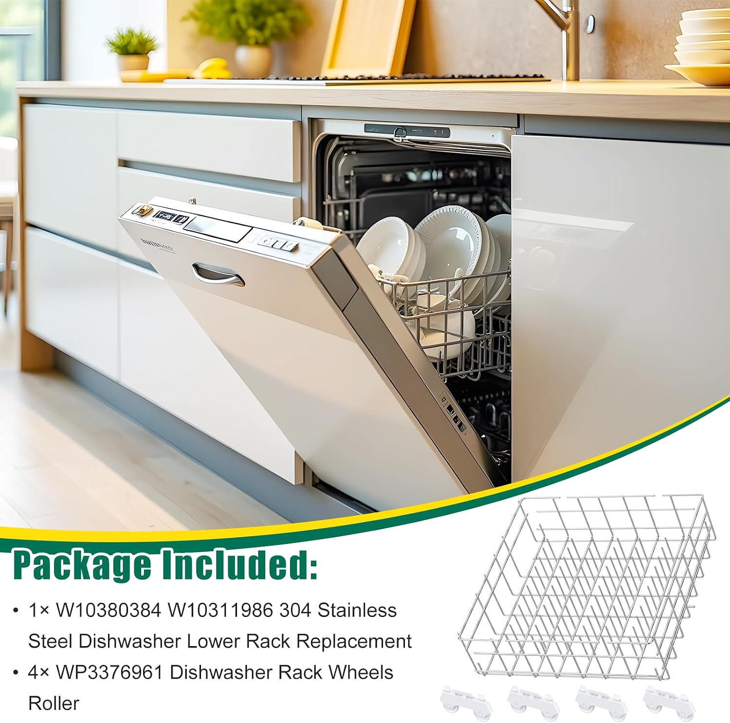 Upgraded 304 Stainless Steel W10311986 W10380384 Dishwasher Lower Rack Replacement for Whirlpool Dishwasher Bottom Rack 300563, DU911PCDQO with WP3376961 Wheels