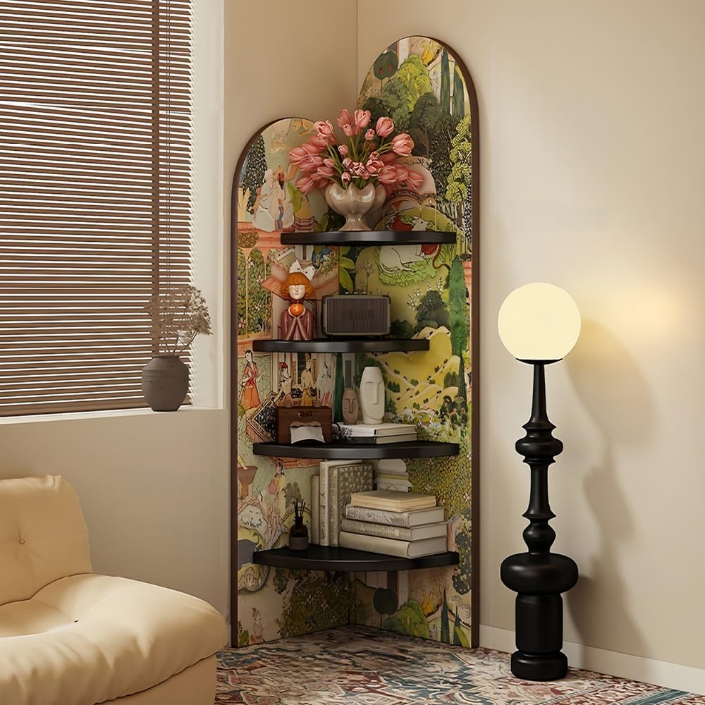 4-Tier Corner Shelf, Wood Display Stand, Fan-Shaped Storage Cabinet with Decorative Painting, Wood Triangle Display Stand, Corner Wall Shelf for Living Room, Bedroom, Office(Green)