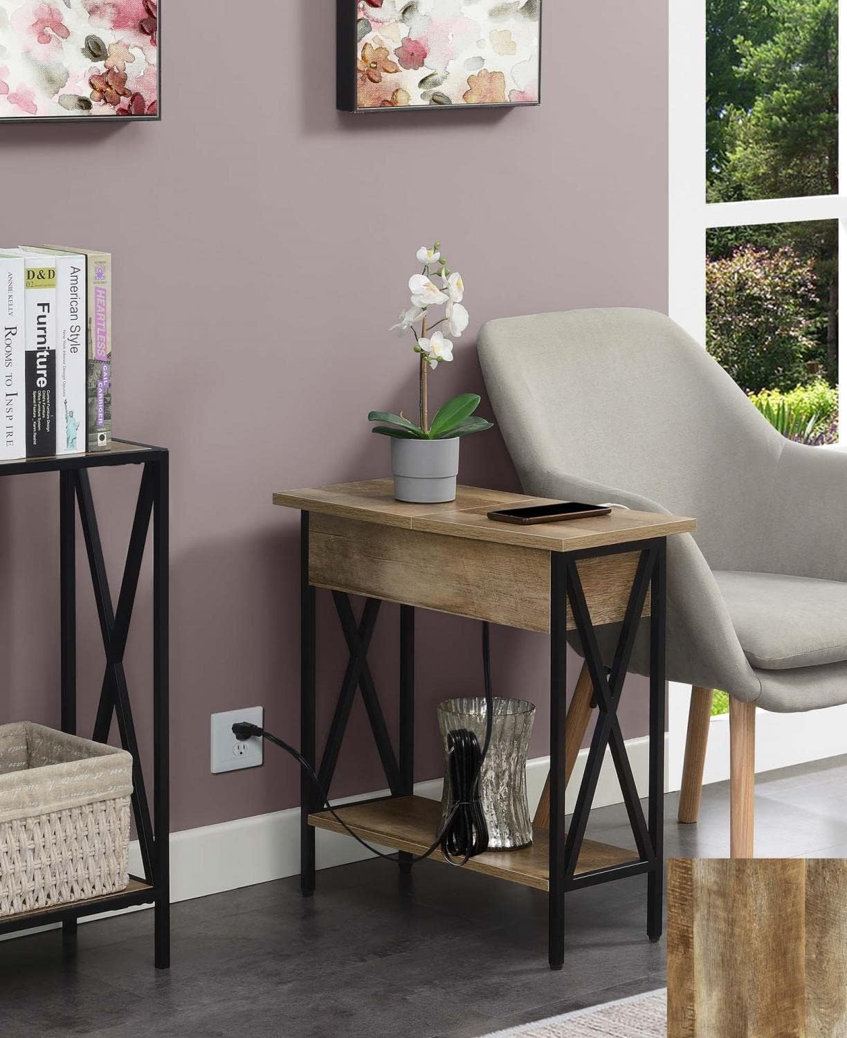Convenience Concepts Tucson Flip Top End Table with Charging Station 23.75' - Modern Living Room Table with Storage Shelf, Side Table Side Table, Weathered Barnwood/Black
