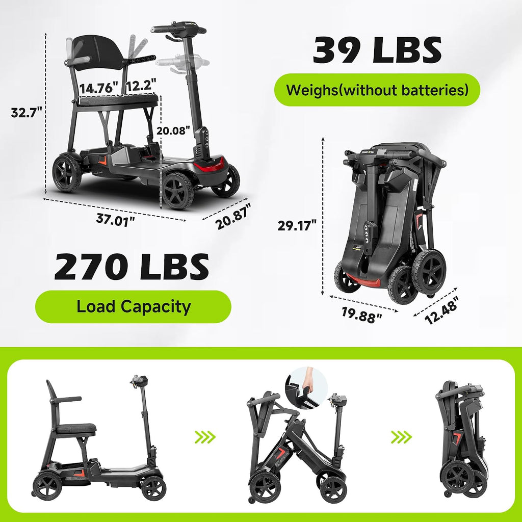 SCOOTNGO Mobility Scooters for Seniors, 4 Wheel Foldable Lightweight Airline Approved Mobility Scooter for Adults, Dual Batteries, Portable, No Assembly Needed (Black Red, Standard)