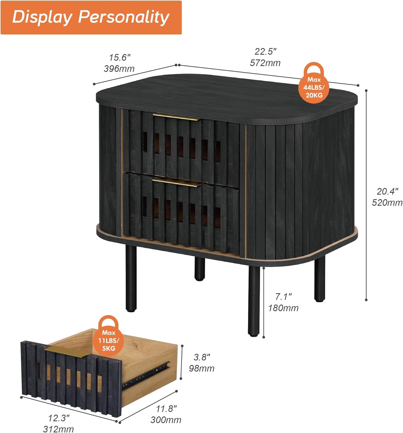 WAMPAT Fluted Nightstand, Modern Wooden End Table with 2 Drawer, Storage Bedside Table for Bedroom and Living Room, Black, 2 Pack