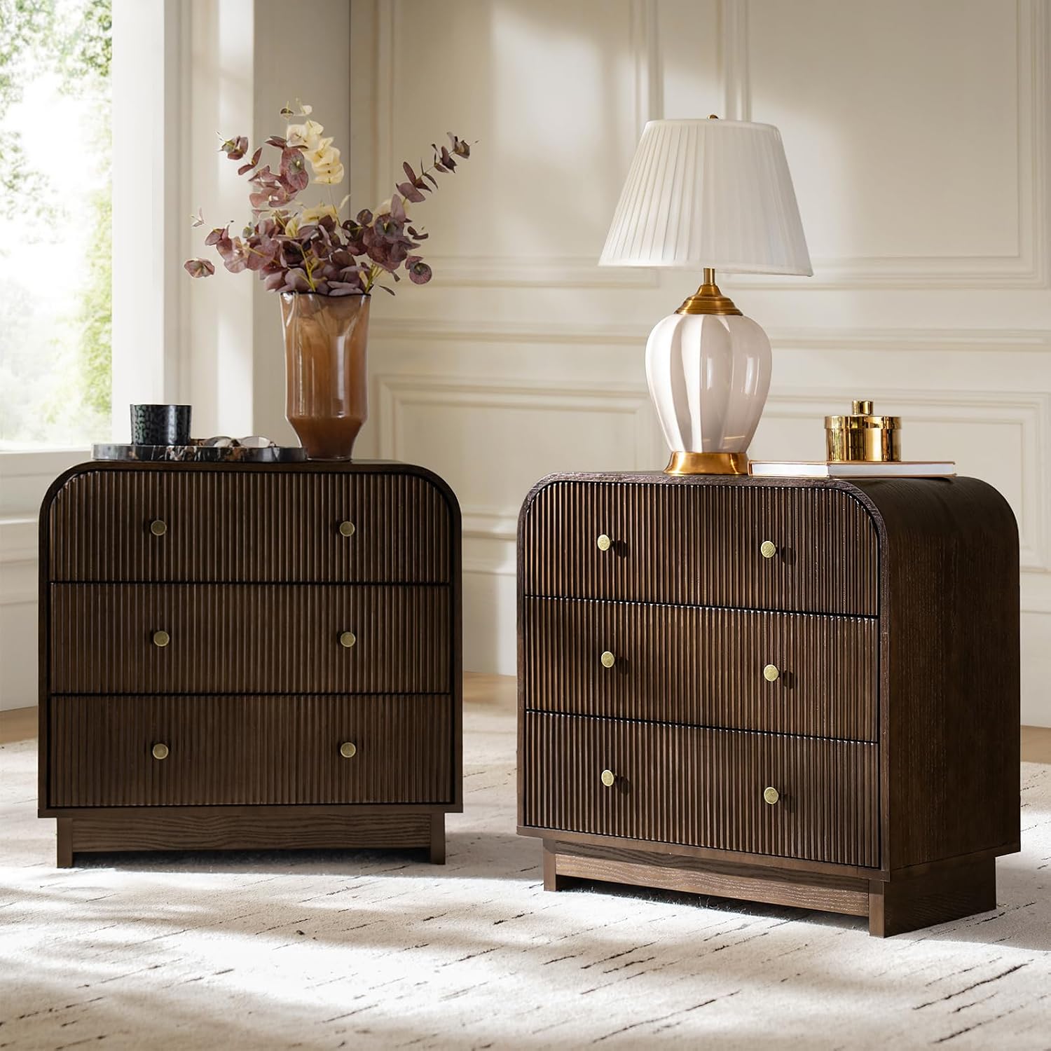 HULALA HOME Fluted Storage End Tables Set of 2 with Charging Station, Modern 3 Drawer Wood Side Tables with Solid Wood Legs, Large SideTables for Living Room Room, Easy Assembly, Walnut