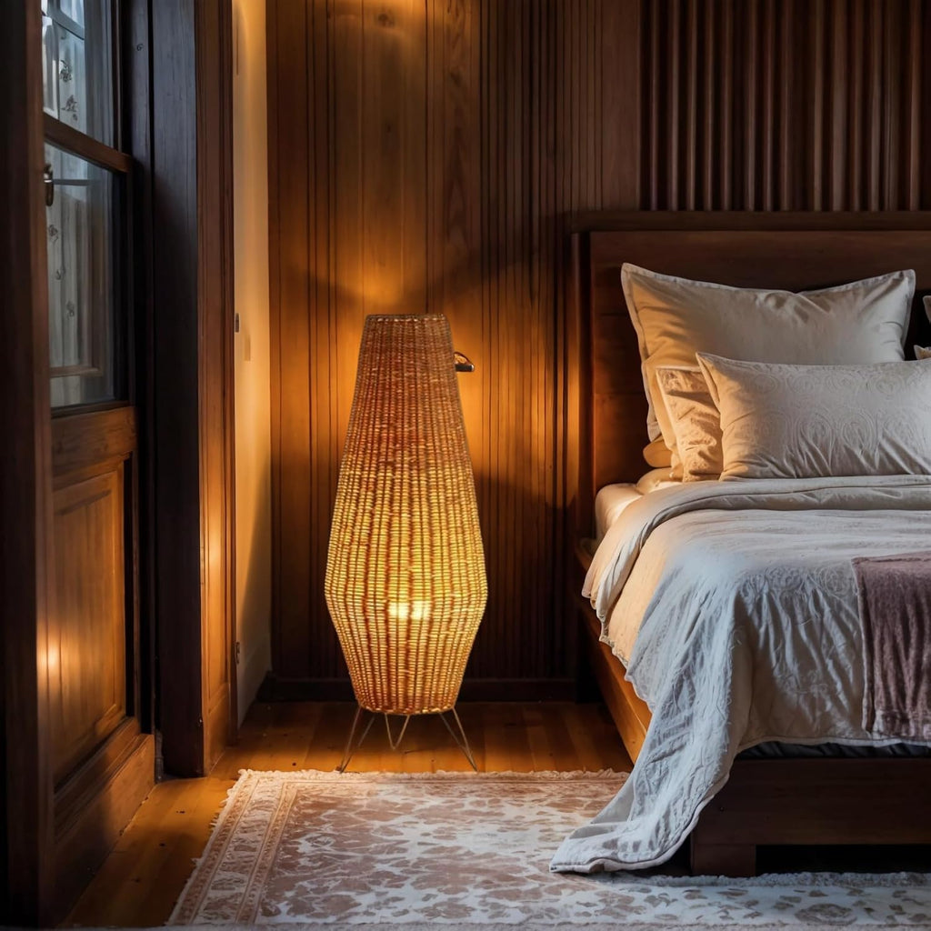 Boho Floor Lamp,Retro Standing Lamps with Rattan Lamp Shade | Farmhouse Standing Light with Foot Switch,Hand-Woven Bamboo Floor Lamps for Bedroom Living Room Kids Room Home Decor