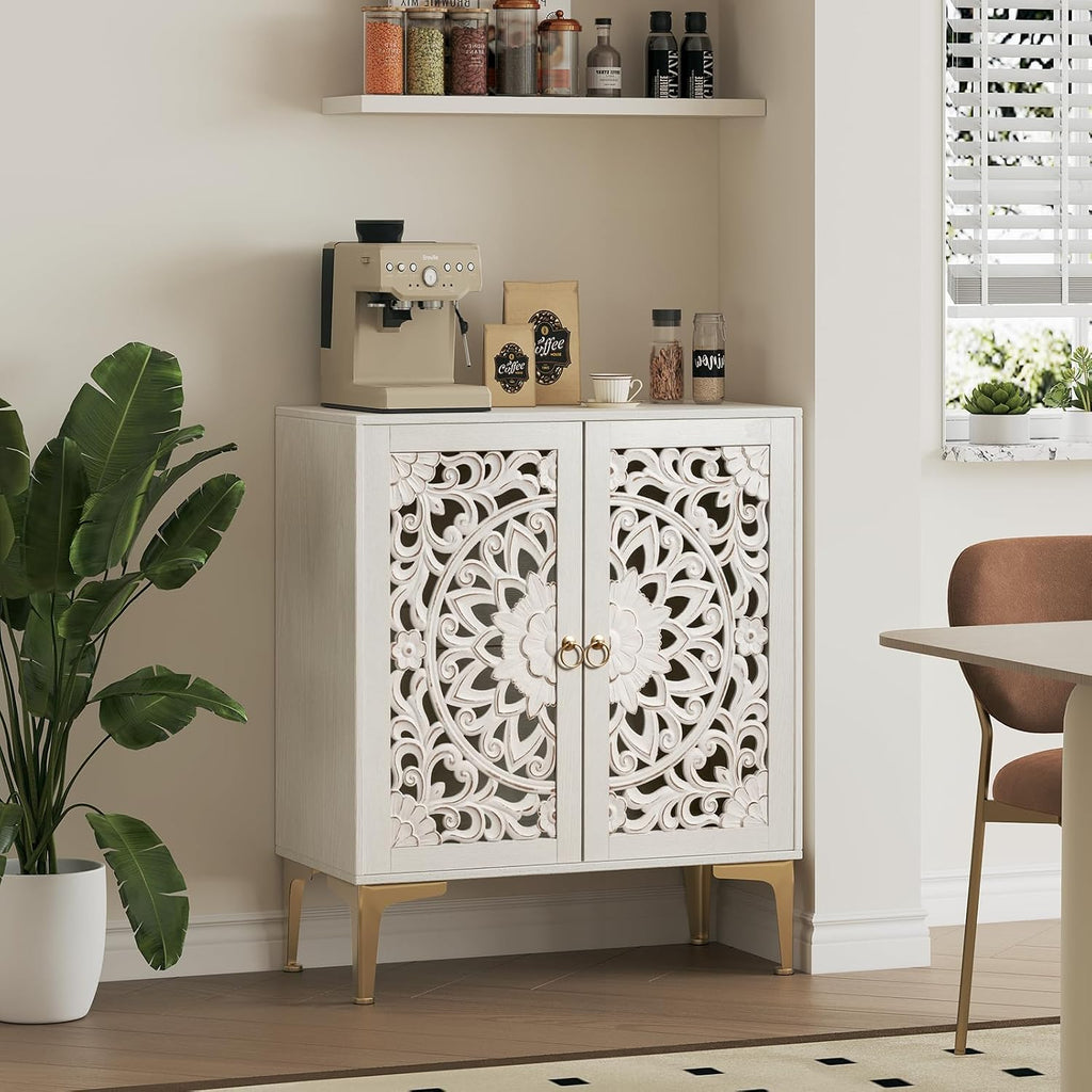 JOINICE Accent Cabinet with Doors, Set of 2, Sideboard Buffet Cabinet with Storage, 31.5' W Buffet Table with Gold Legs and Adjustable Shelf for Living Room, Kitchen, Hallway, White