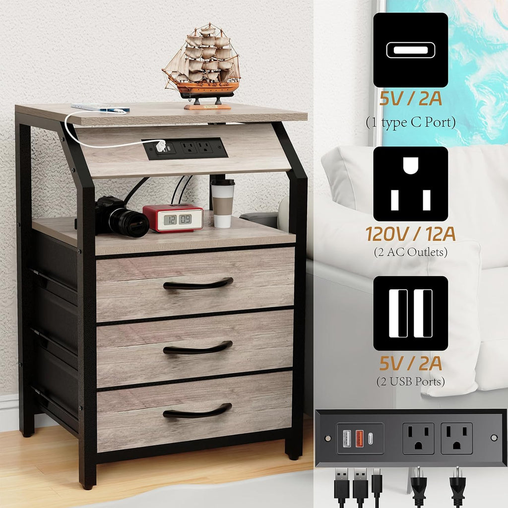 SZLHANJZ Night Stand Set of 2, Nightstands with Charger Station and LED Lights, End Tables Set with 3 Fabric Drawers, Storage Side Tables for Bedside, Living Room, Greige