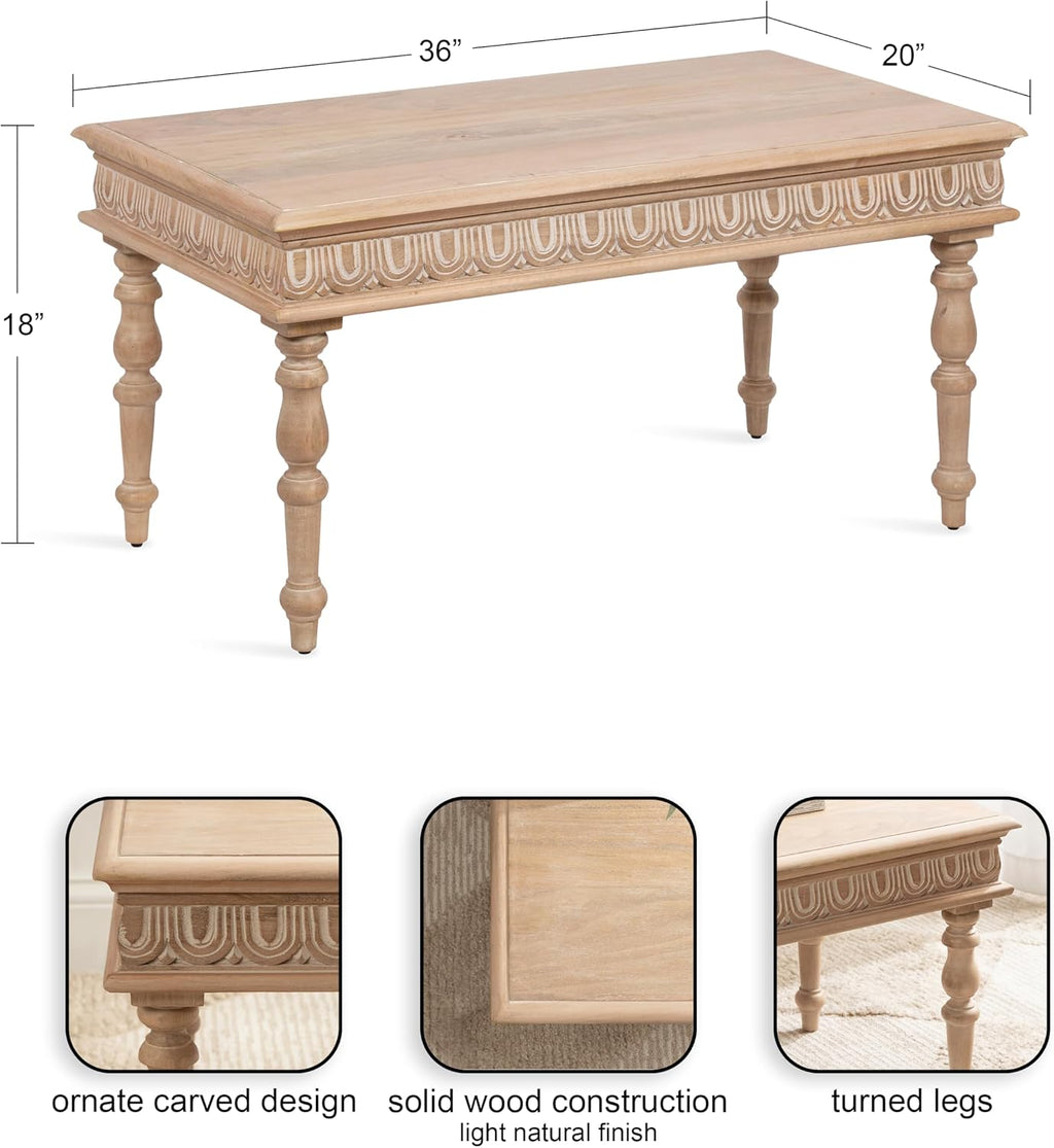 Kate and Laurel Patresa Traditional Carved Rectangle Wood Coffee Table, 36 x 20 x 18, Light Natural, Decorative Rectangular Living Room Table with Storage for Useful Home Decor