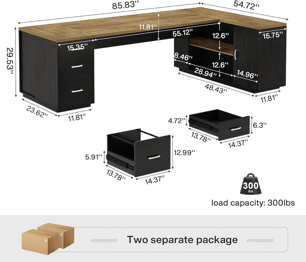 Tribesigns 85.8-Inch L-Shaped Executive Desk, Extra Large Modern Office Desk with File Drawers, Door Cabinet & Shelves, Commercial Office Table, Home Business Workstation, Light Brown & Black