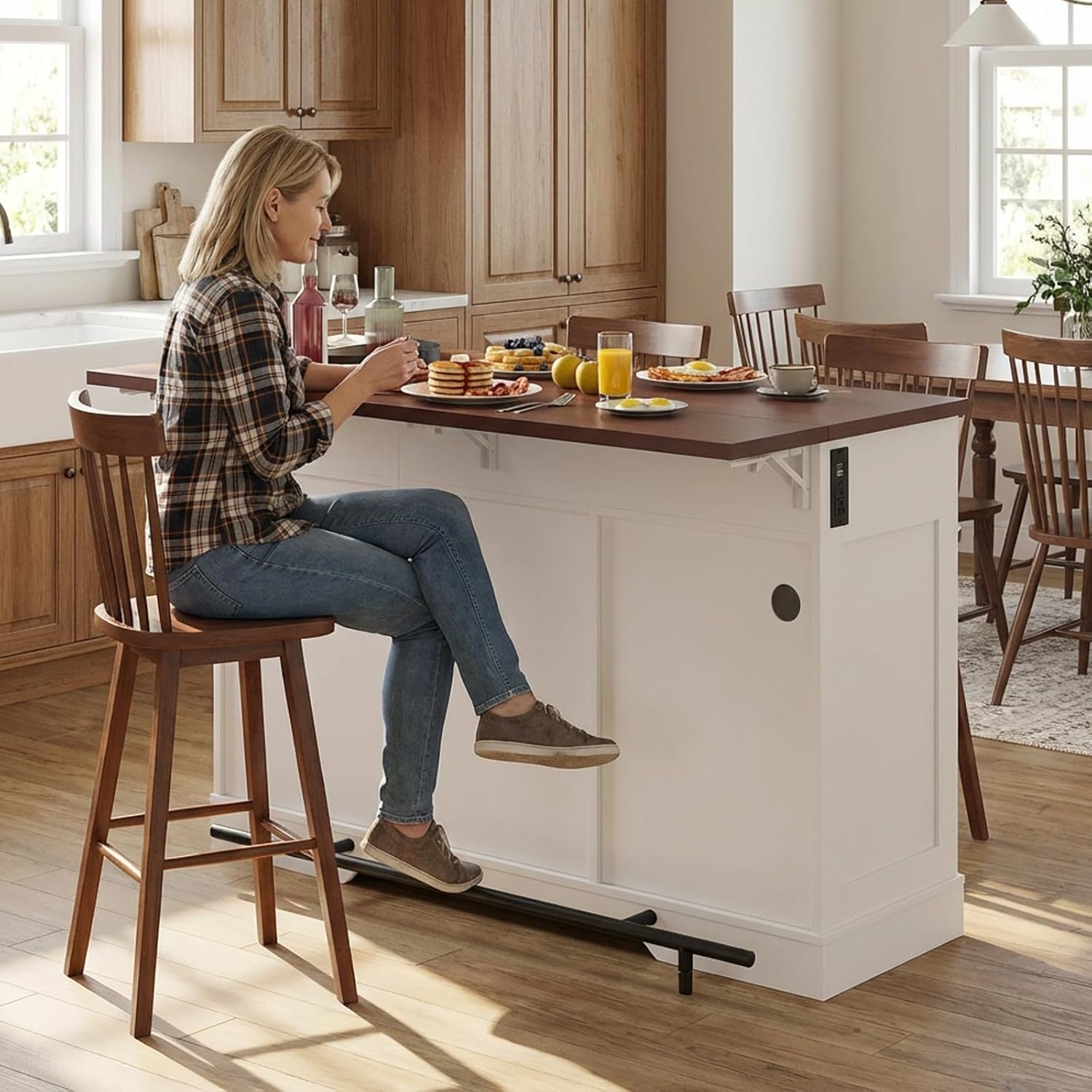 Kikihouse 55' Drop Leaf Kitchen Island Table with Power Outlet, Large Stationary Breakfast Bar with Storage Drawers, Trash Cabinet, Adjustable Shelves, Towel Rod & Spice Rack (White & Walnut)