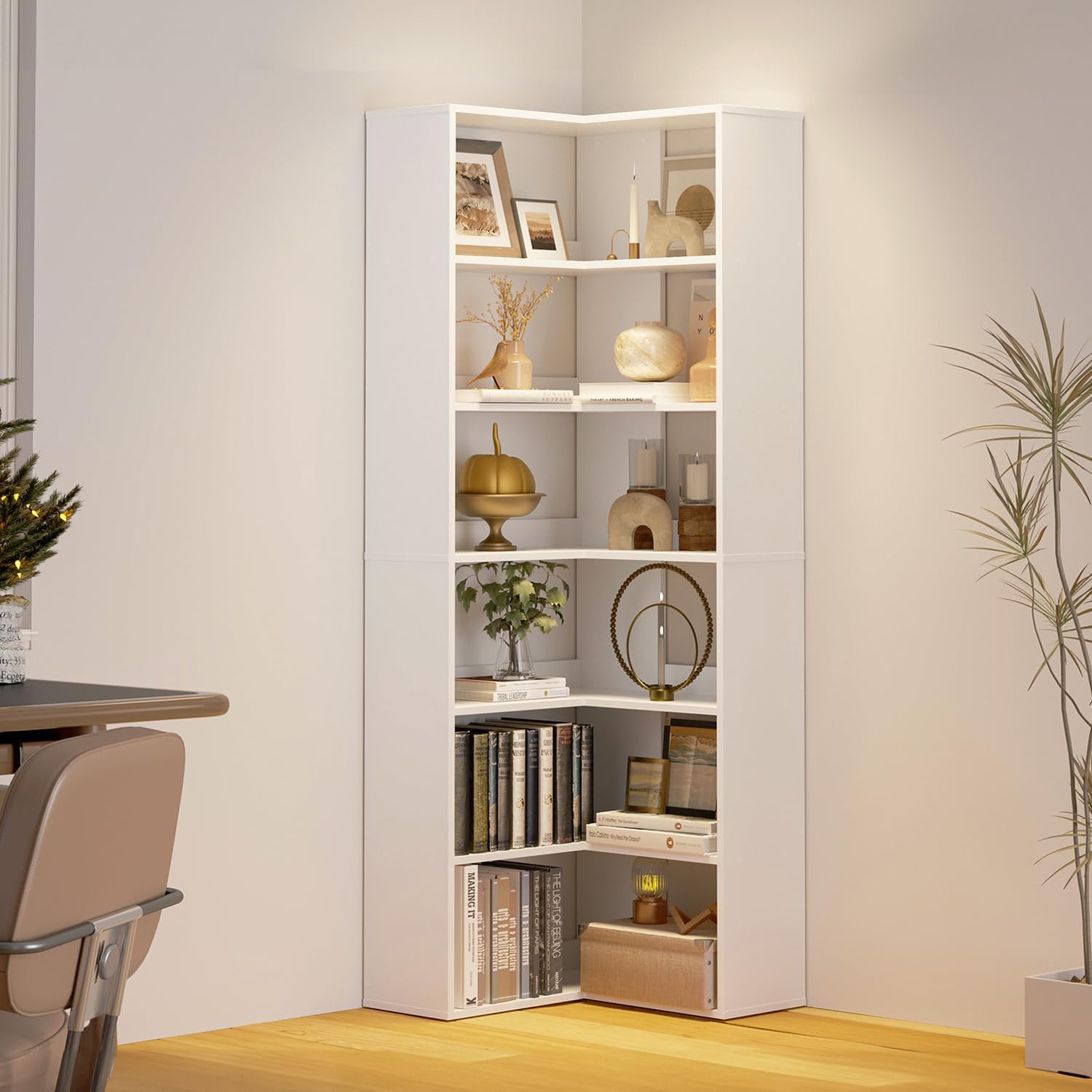 oneinmil Bookcase 6 Tiers with Baffles, Large Corner Bookshelf, 23.62' Storage Display Rack for Living Room Home Office, White
