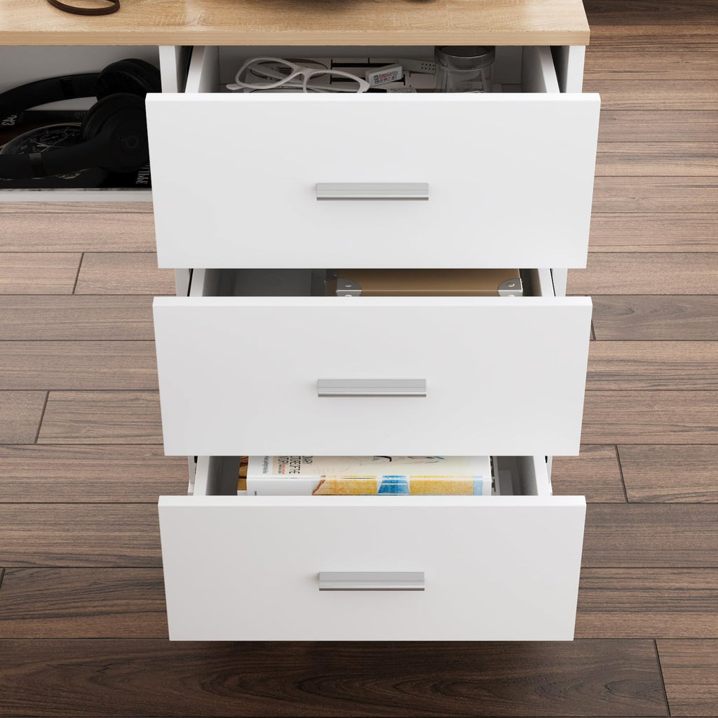 MOUMON L Shaped Standing Desk with Drawers and Shelves, Executive Adjustable Height Desk, L-Shaped Design, 63 inch Tabletop, for Office Oak and White (63'W x 63'D x 28.9-45.3'H)