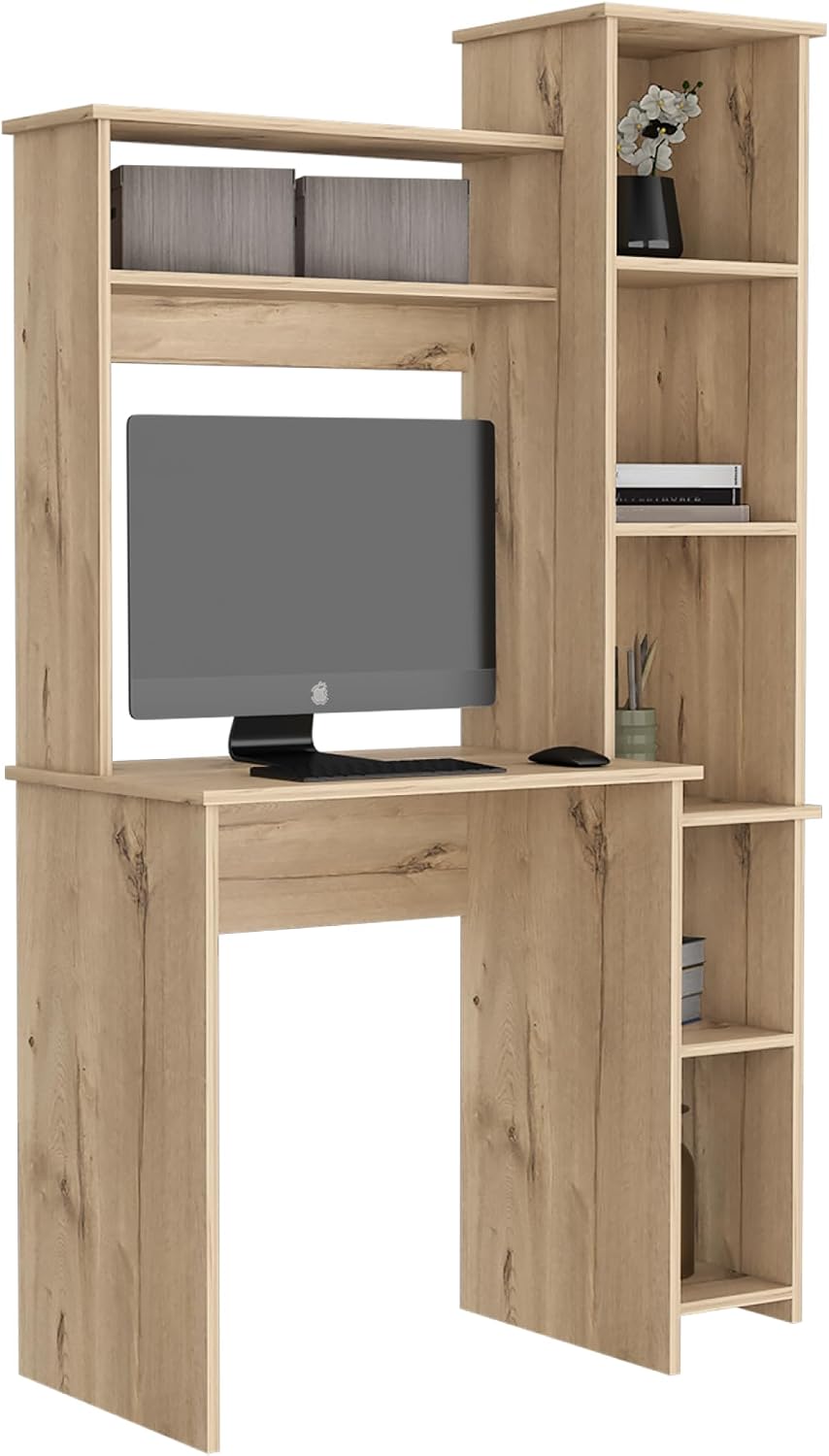 Tuhome Versalles Writing Desk with Two Superior Shelves, Five Side Open Storage Compartments, Space-Saving Modern Workstation Design for Studios and Offices, Ideal for Organization, Books