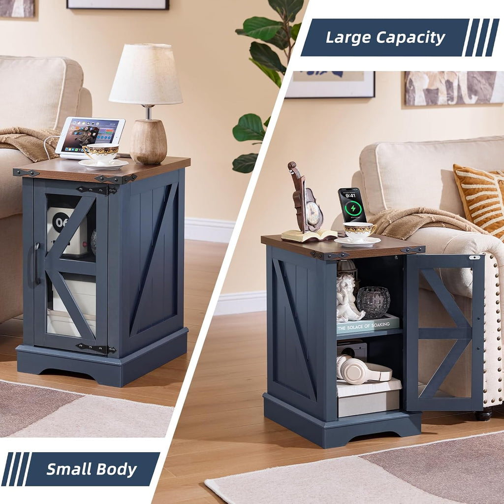 Joaxswe Narrow Night Stand Set 2 with Charger Station, Farmhouse Side End Table with Glass Barn Door Storage, Bedside Tables,Navy Blue Nightstand Cabinet Organizer for Small Spaces Living Room Bedroom