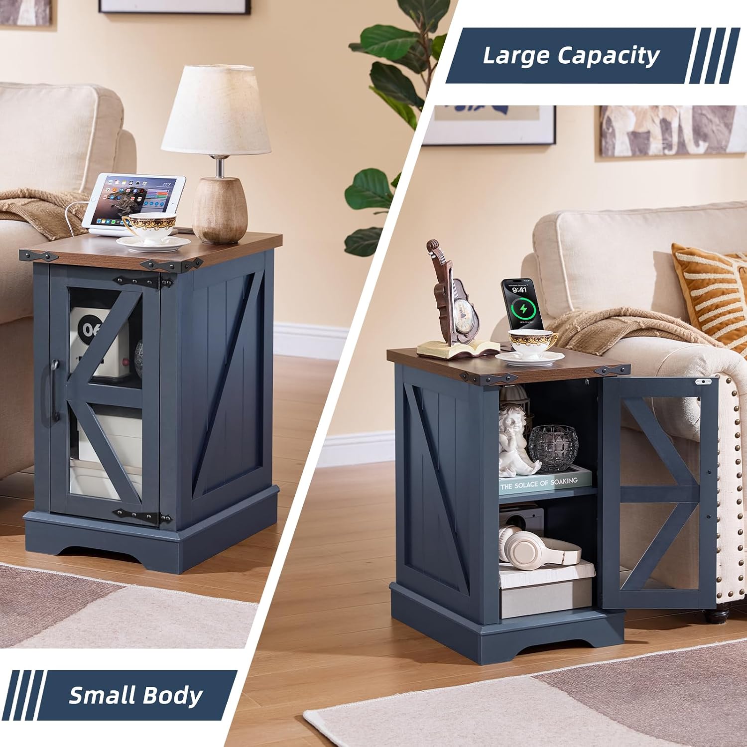 Joaxswe Narrow Night Stand Set 2 with Charger Station, Farmhouse Side End Table with Glass Barn Door Storage, Bedside Tables,Navy Blue Nightstand Cabinet Organizer for Small Spaces Living Room Bedroom