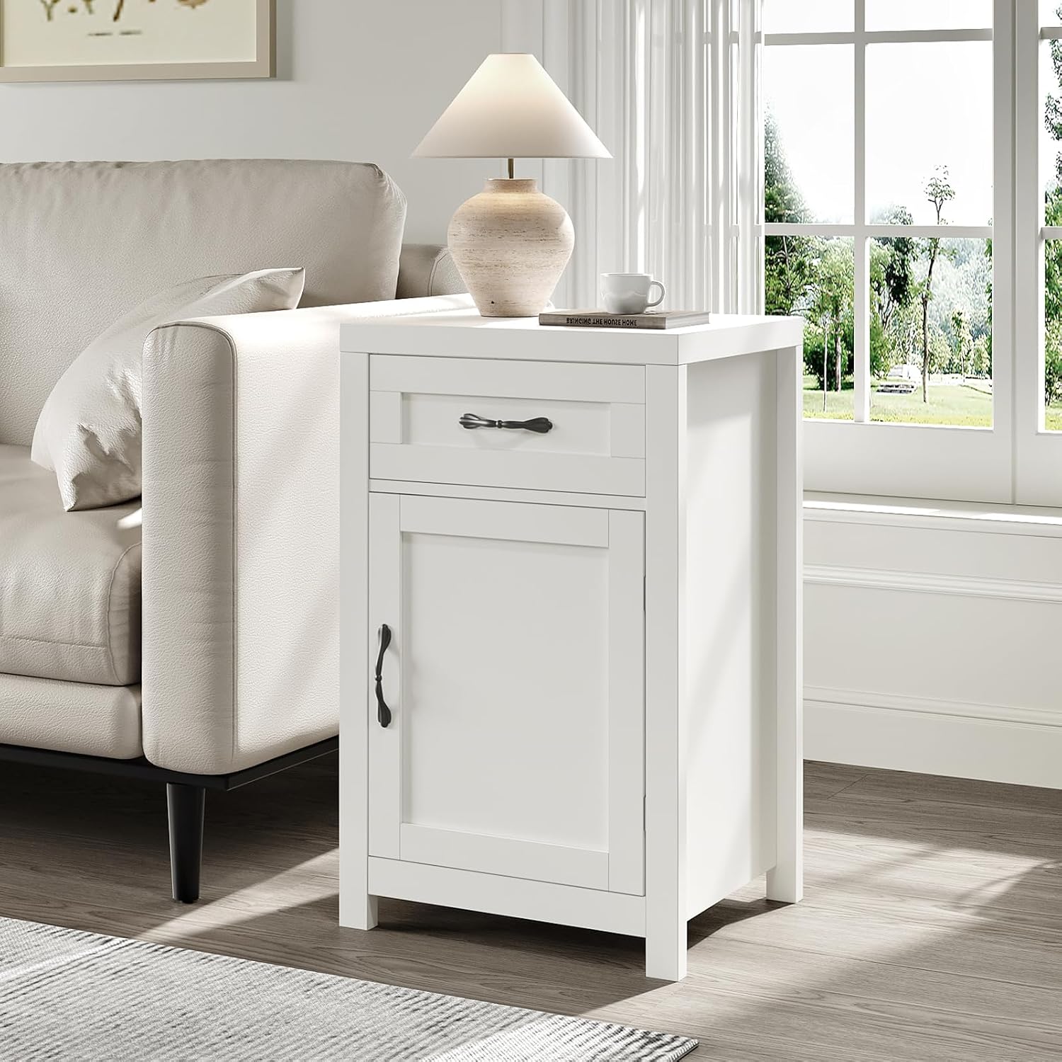 White Nightstand with Drawer, Farmhouse End Table with Storage Cabinet and Adjustable Shelf, 30' Tall Bedside Table Rustic Wood Sofa Side Table for Living Room, Bedroom