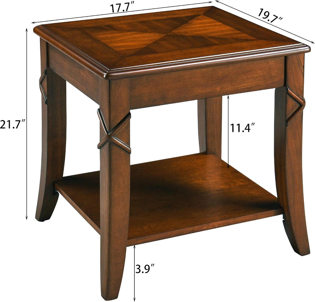 Living Room Tables Set of 3- One Coffee Table and Two End Table with Carved Tabletop and Leg, Mid-Century Sofa Beside Table and Center Table with Carved Legs, Easy Assembly, Cherry Brown KFZ-CJZ-DR200