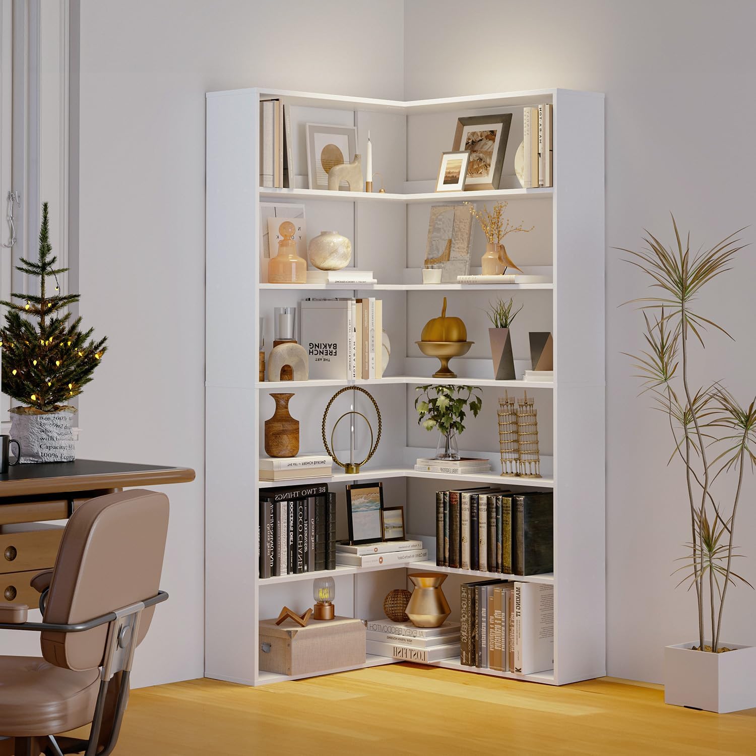 oneinmil Bookcase 6 Tiers with Baffles, 35.2' Large Corner Bookshelf, Storage Display Rack for Living Room Home Office, White