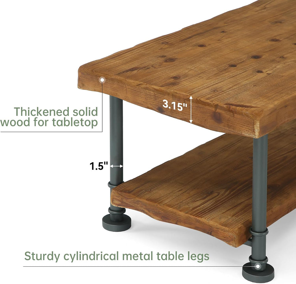 47' Coffee Table, Farmhouse Solid Wood Accent Center Table with 2-Tier Live Edge Shelf & Metal Legs, Rectangular Low Cocktail Tea Furniture for Living Room, Lounge, Brown and Black