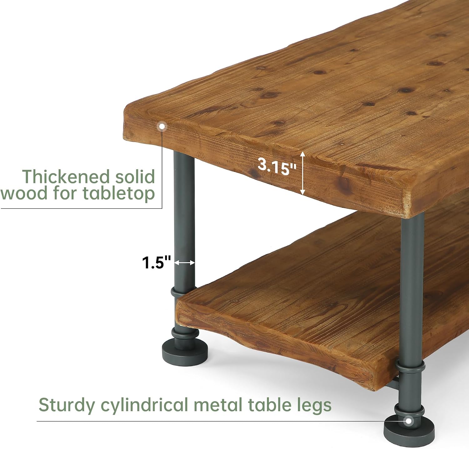 47' Coffee Table, Farmhouse Solid Wood Accent Center Table with 2-Tier Live Edge Shelf & Metal Legs, Rectangular Low Cocktail Tea Furniture for Living Room, Lounge, Brown and Black