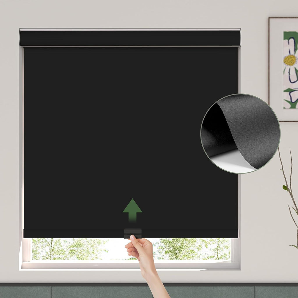 Blackout Roller Window Shades Cordless Simple Style Roller Shades Spring System Cassette Valance Roll Up Blinds for Windows, Door, Black, 60' W x 36' H