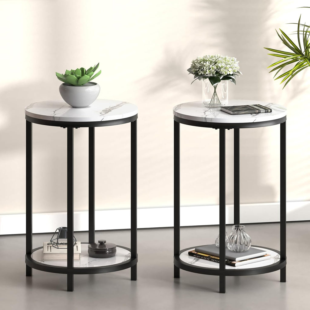 WiberWi Round Side Table Set of 2, Modern Nightstand End Table with Metal Frame &Faux Marble Top, Accent Bedside Table for Living Room Bedroom Small Spaces with Storage Open Shelf,White