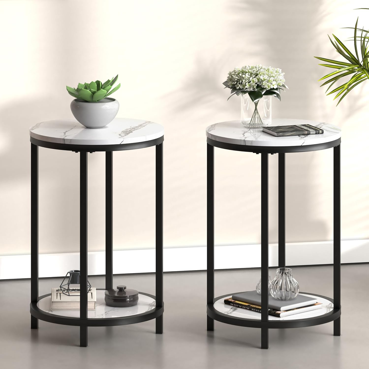 WiberWi Round Side Table Set of 2, Modern Nightstand End Table with Metal Frame &Faux Marble Top, Accent Bedside Table for Living Room Bedroom Small Spaces with Storage Open Shelf,White