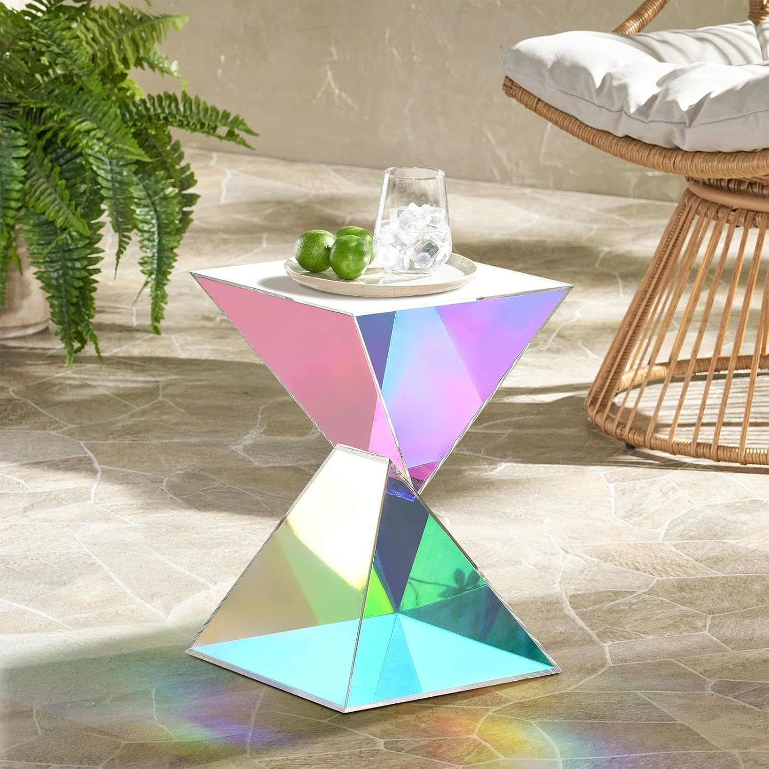 BECHAEO Iridescent Acrylic Side Table Set of 2, Small End Tables for Small Spaces, Modern Acrylic End Tables Living Room Nightstand with Irregular Design, Lightweight Farmhouse Outdoor Side Tables