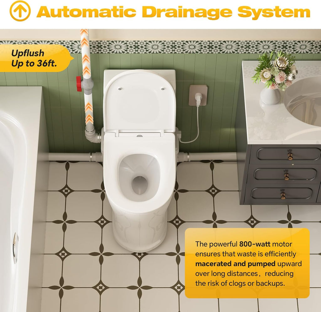 INEFLO 800W Macerating Toilet with Pump for Basement Upflush System, Sewer Grinder Pump with 4 Inlets for Sink/Shower/Laundry Wastewater Disposal, Patented Top Access Panel, 36ft Lifting Up