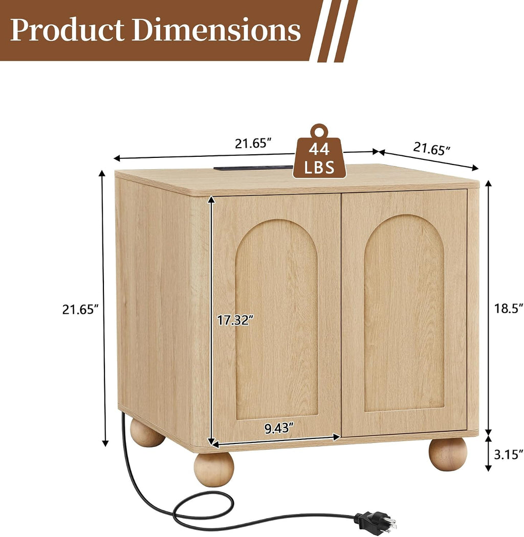 Bed Side Table Set of 2 with Charging Station, Mid Century Modern Nightstand with 2 Doors, Square End Table with Storage for Couch,Living Room, Sofa Side Table for Office,Dorm - Natural
