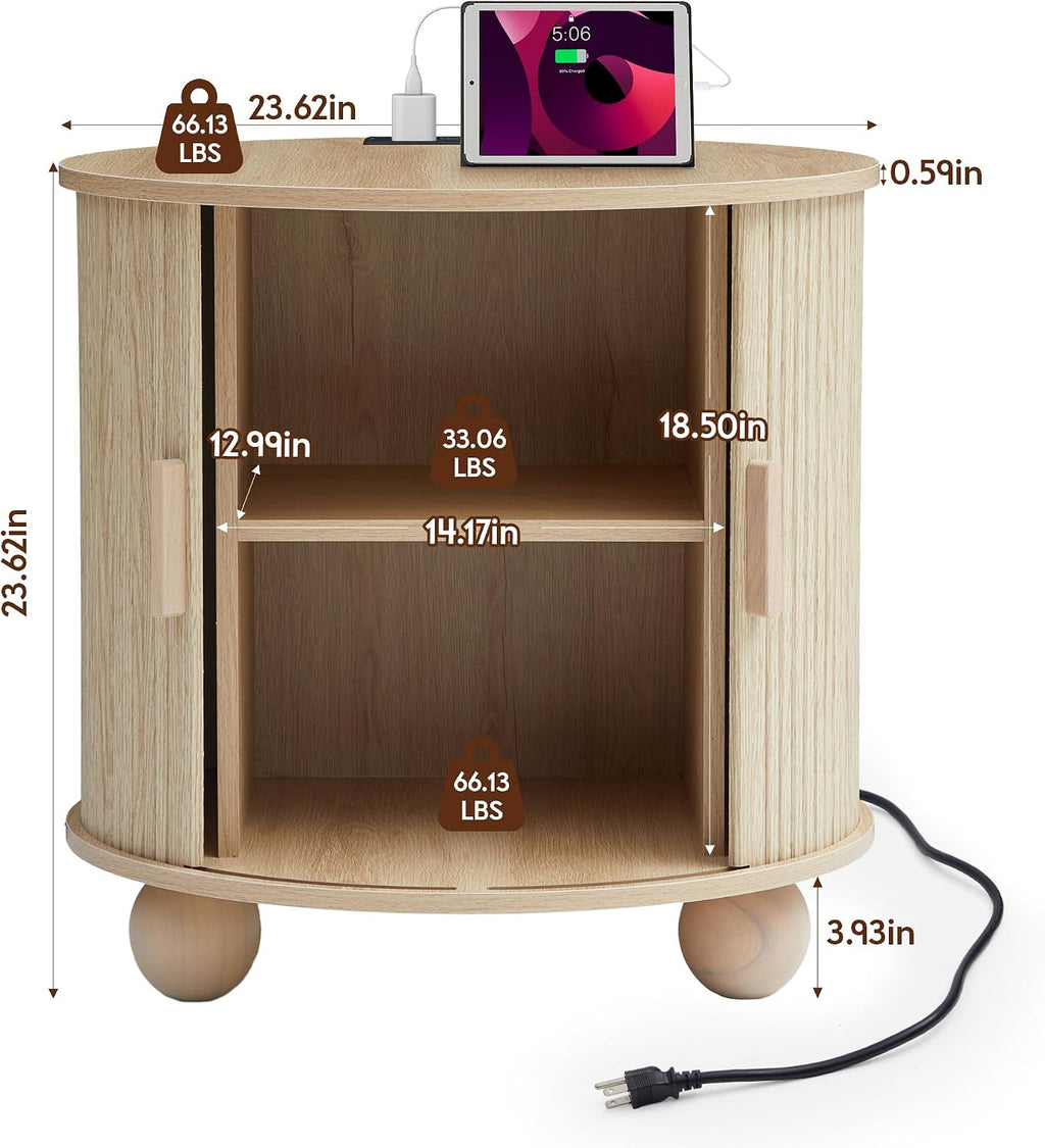 24' Fluted Round Nightstand Set of 2, Mid-Century Large Wooden End Table with Charging Station, Farmhouse Storage Side Table with Sliding Door for Bedroom Living Room (2XRound, Natural)