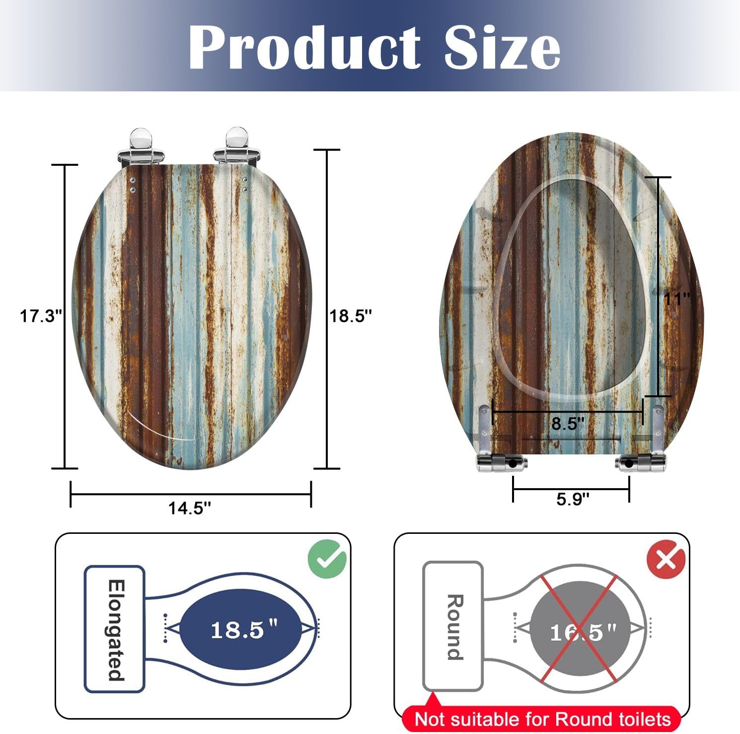 Elongated Toilet Seat Old wall texture rusty galvanized metal panel sheeting Resin Toilet Seat Slow Quiet Close Lid with Quick-Release Hinges Cover Bumpers Easy to Clean Install