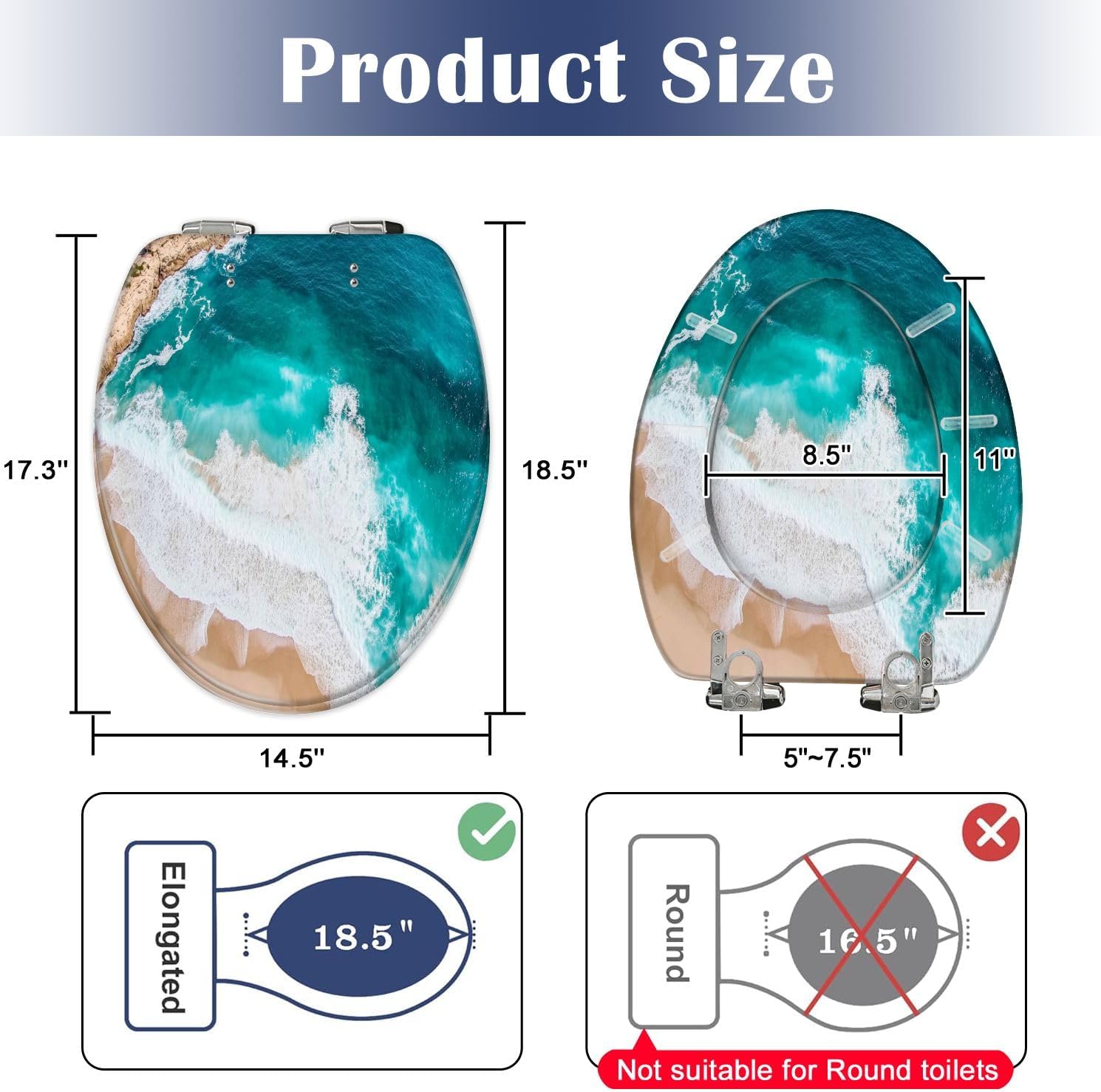 Elongated Toilet Seat Aerial drone view beach turquoise water large waves Resin Toilet Seat Slow Quiet Close Lid with Quick-Release Hinges Cover Bumpers Easy to Clean Install