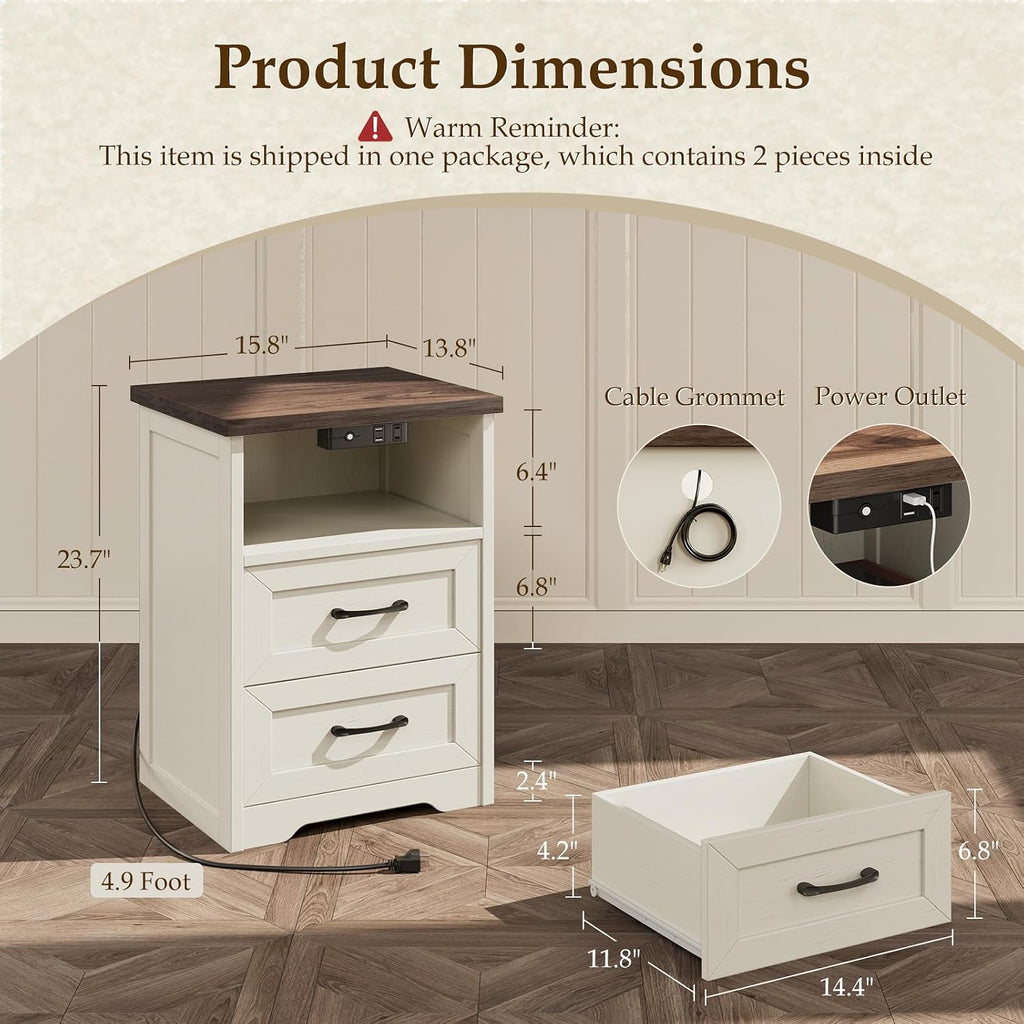 AODK Farmhouse Nightstand Set of 2, Bedside Tables with Charging Station & LED Lights, End Tables with Two Drawers and Open Storage, Rustic Bed Side Tables for Bedroom, Rustic White & Walnut
