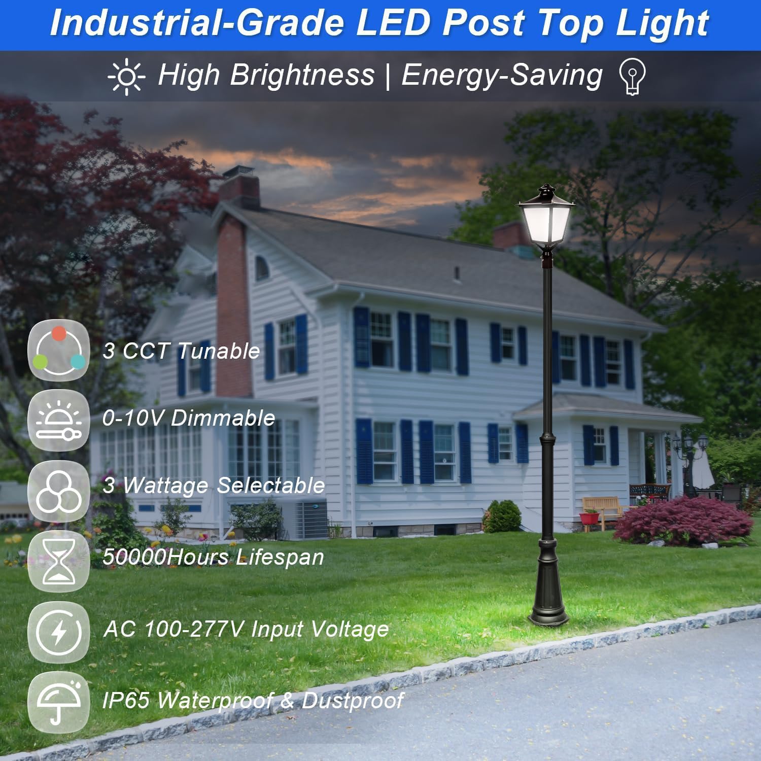 LED Post Top Light 120W/100W/80W Power Tunable, 3CCT 3000K/4000K/5000K Outdoor Post Pole Lights, IP65 Waterproof LED Parking Lot Light for Garden Yard Street Lighting, AC100-277V UL Listed