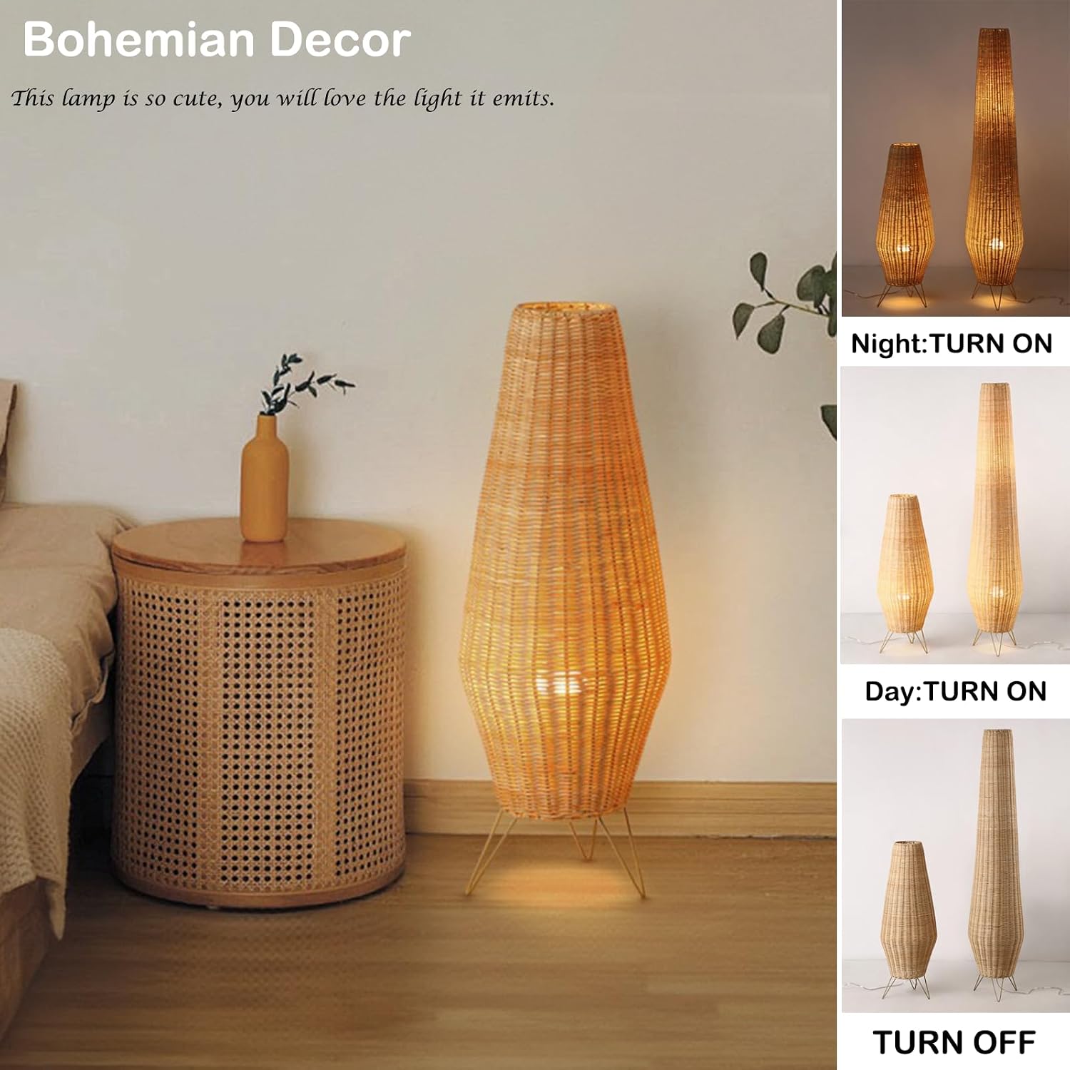 Boho Floor Lamp,Retro Standing Lamps with Rattan Lamp Shade | Farmhouse Standing Light with Foot Switch,Hand-Woven Bamboo Floor Lamps for Bedroom Living Room Kids Room Home Decor