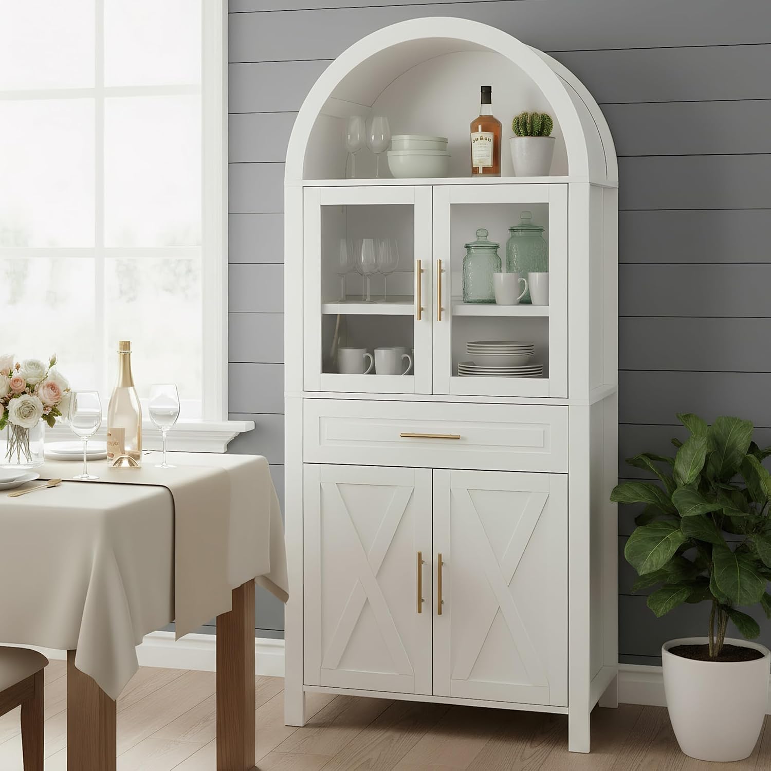 71' Farmhouse Arched Kitchen Pantry Cabinet with Glass Doors & Large Drawer, Wood Versatile Cupboard with Adjustable Shelves for Kitchen Dining Room Living Room Coffee Bar(White)