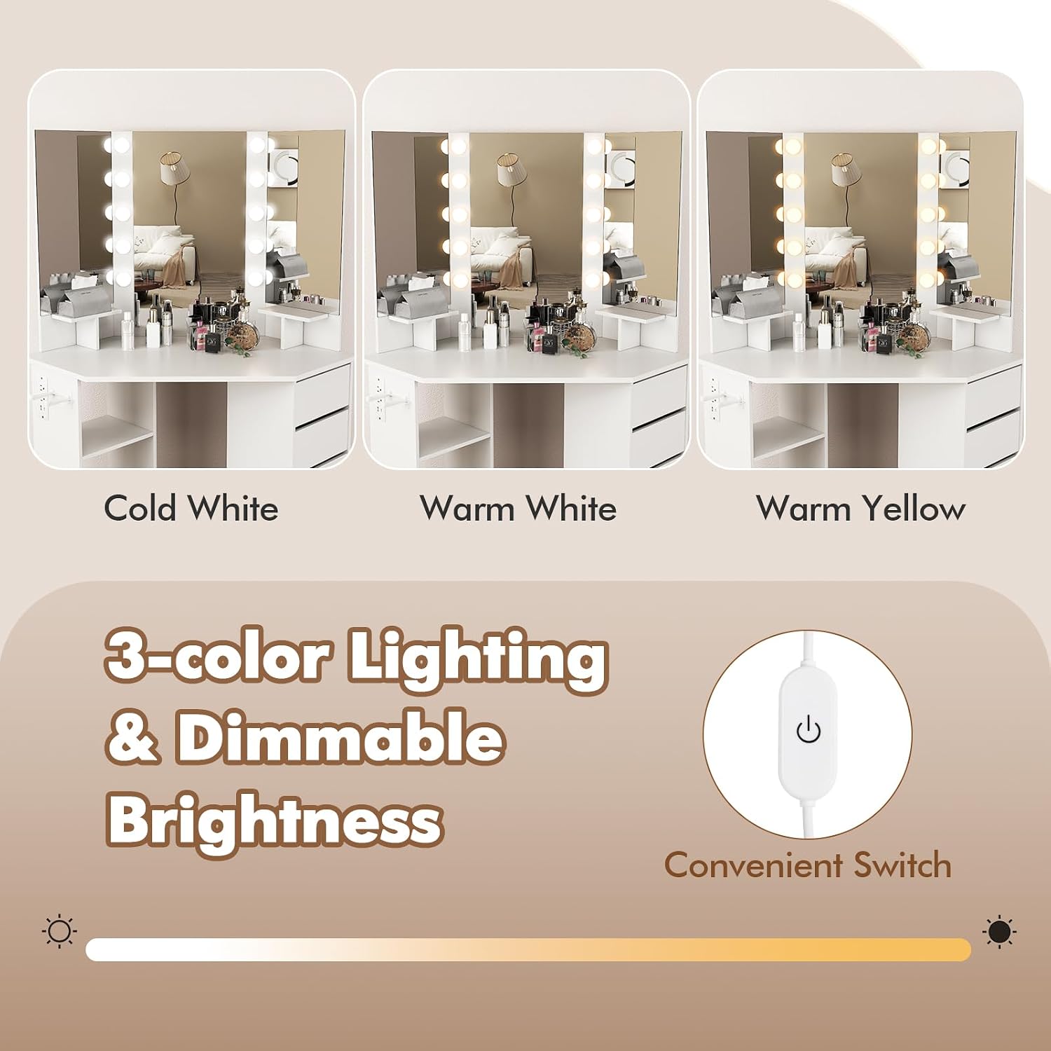 NAFORT Corner Vanity Desk with Mirror and LED Lights, Vanity Table with 5 Storage Drawer SND Shelf, Dressing Table with Power Outlet and Hair Dryer Holder, 3 Lighting Modes Triple Mirror, White