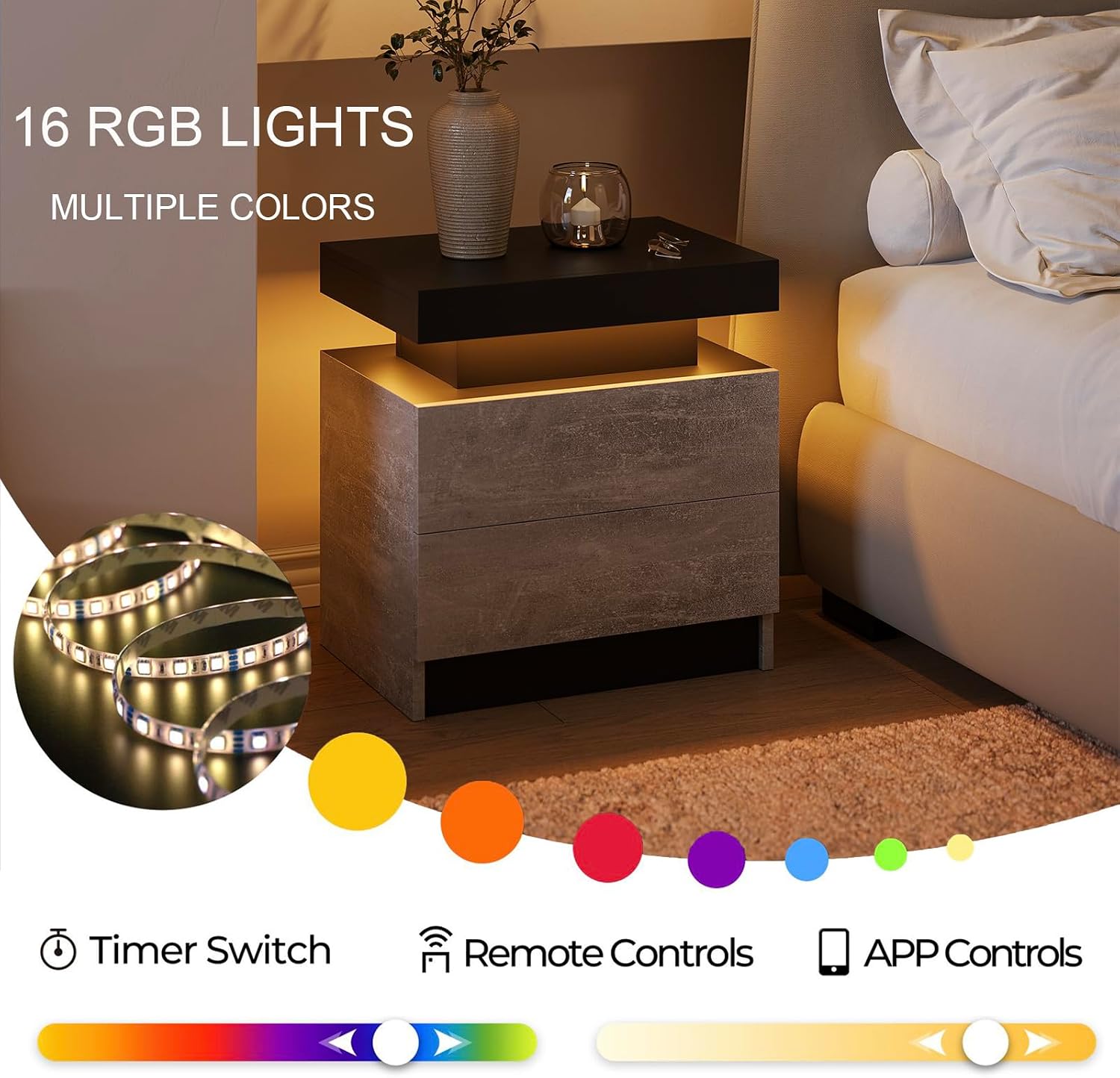Cubehom Nightstands Set of 2, Bedside Tables with LED Lights, Night Stands with 2 Wood Drawers, End Tables Set of 2 for Living Room/Bedroom