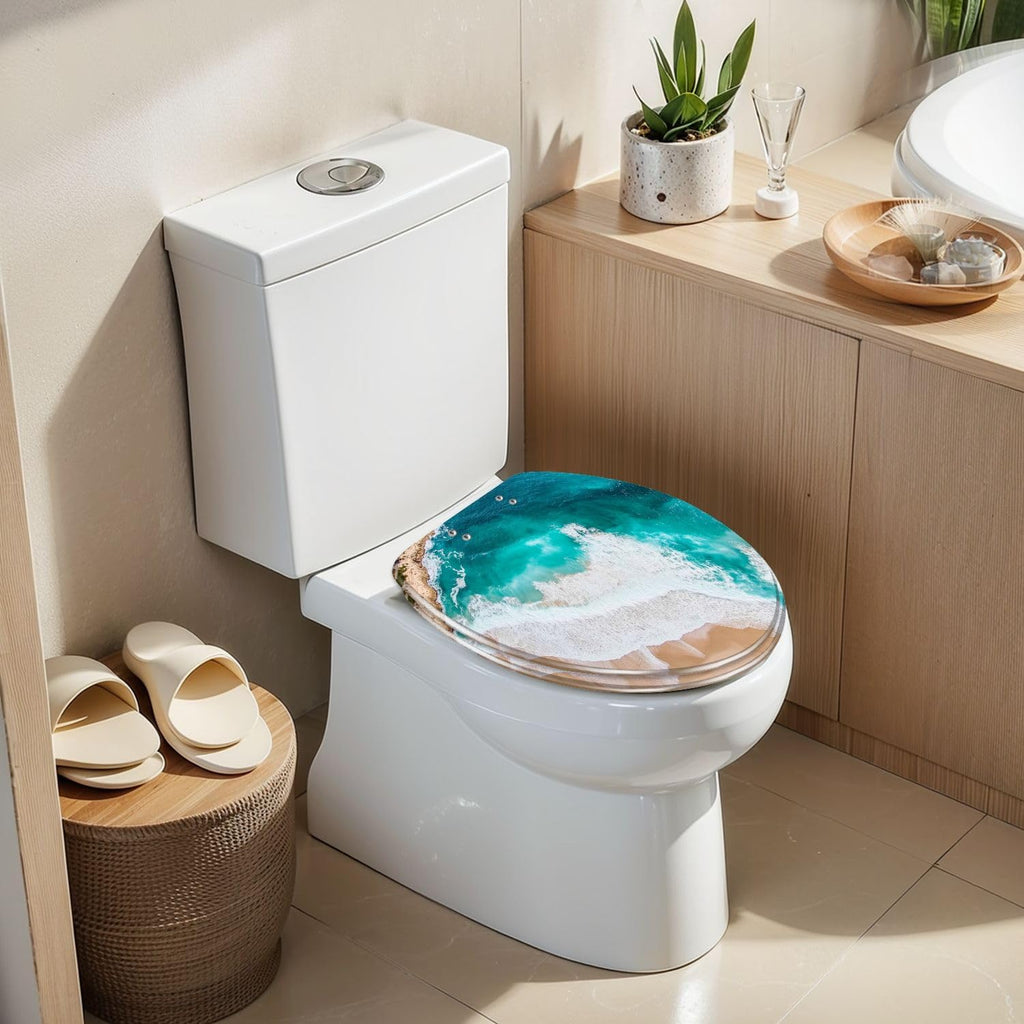 Elongated Toilet Seat Aerial drone view beach turquoise water large waves Resin Toilet Seat Slow Quiet Close Lid with Quick-Release Hinges Cover Bumpers Easy to Clean Install