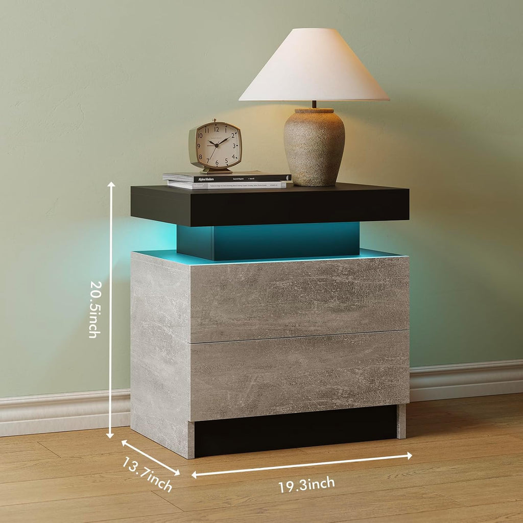 Cubehom Nightstands Set of 2, Bedside Tables with LED Lights, Night Stands with 2 Wood Drawers, End Tables Set of 2 for Living Room/Bedroom