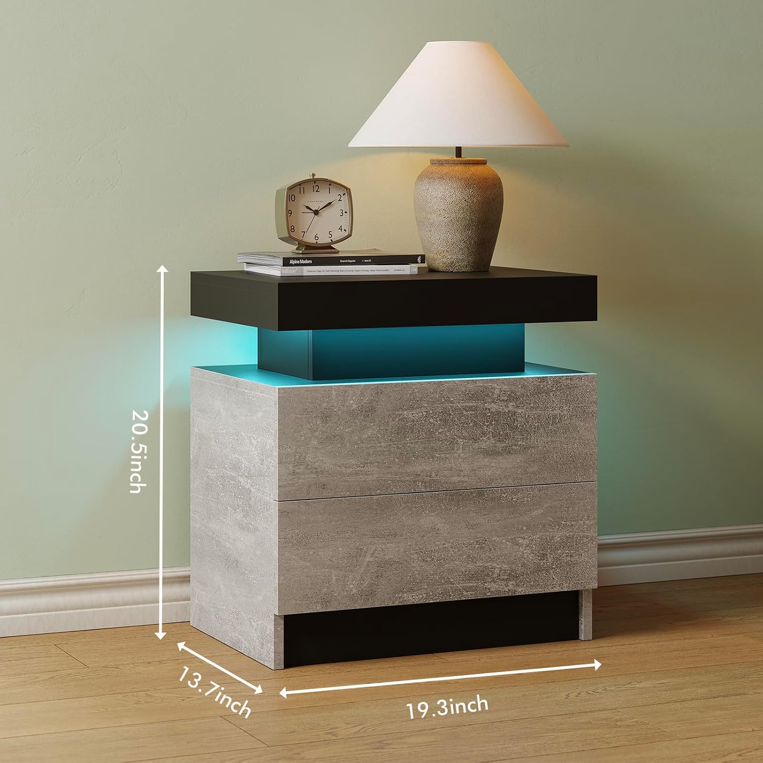 Cubehom Nightstands Set of 2, Bedside Tables with LED Lights, Night Stands with 2 Wood Drawers, End Tables Set of 2 for Living Room/Bedroom