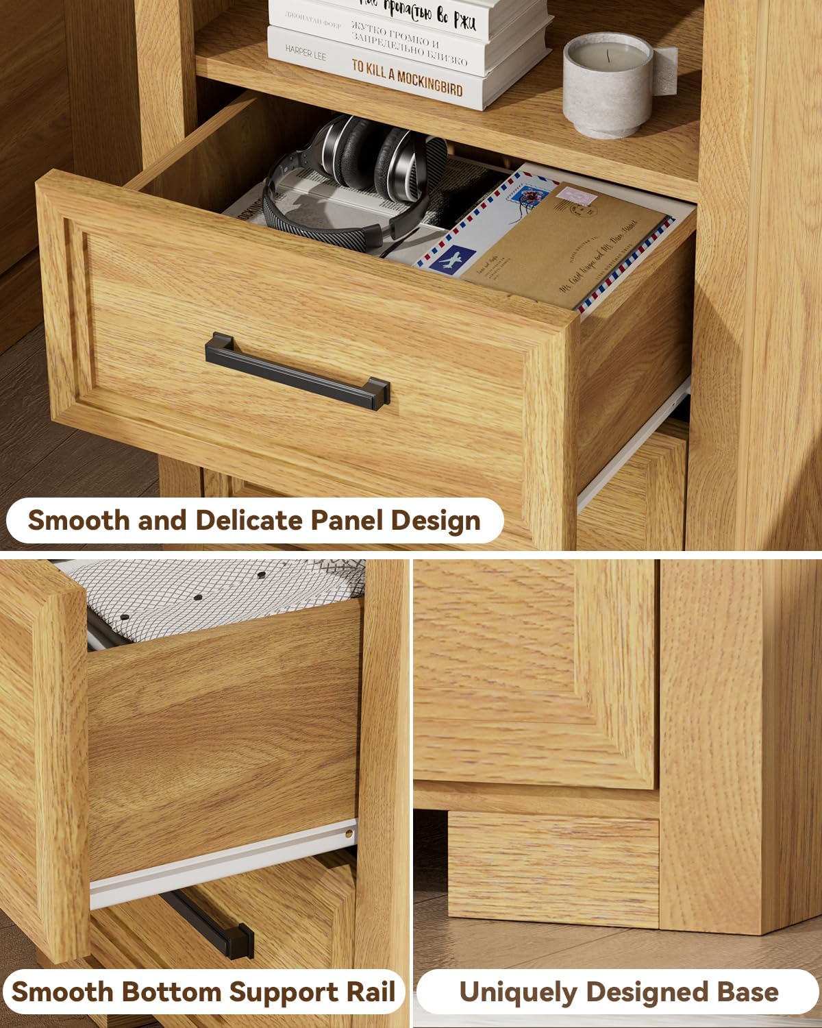 Nightstand Set of 2, Night Stand with Charging Station, End Table with 2 Drawers, Wood Rustic Side Table with Open Storage Shelf, for Bedroom, Natural Oak