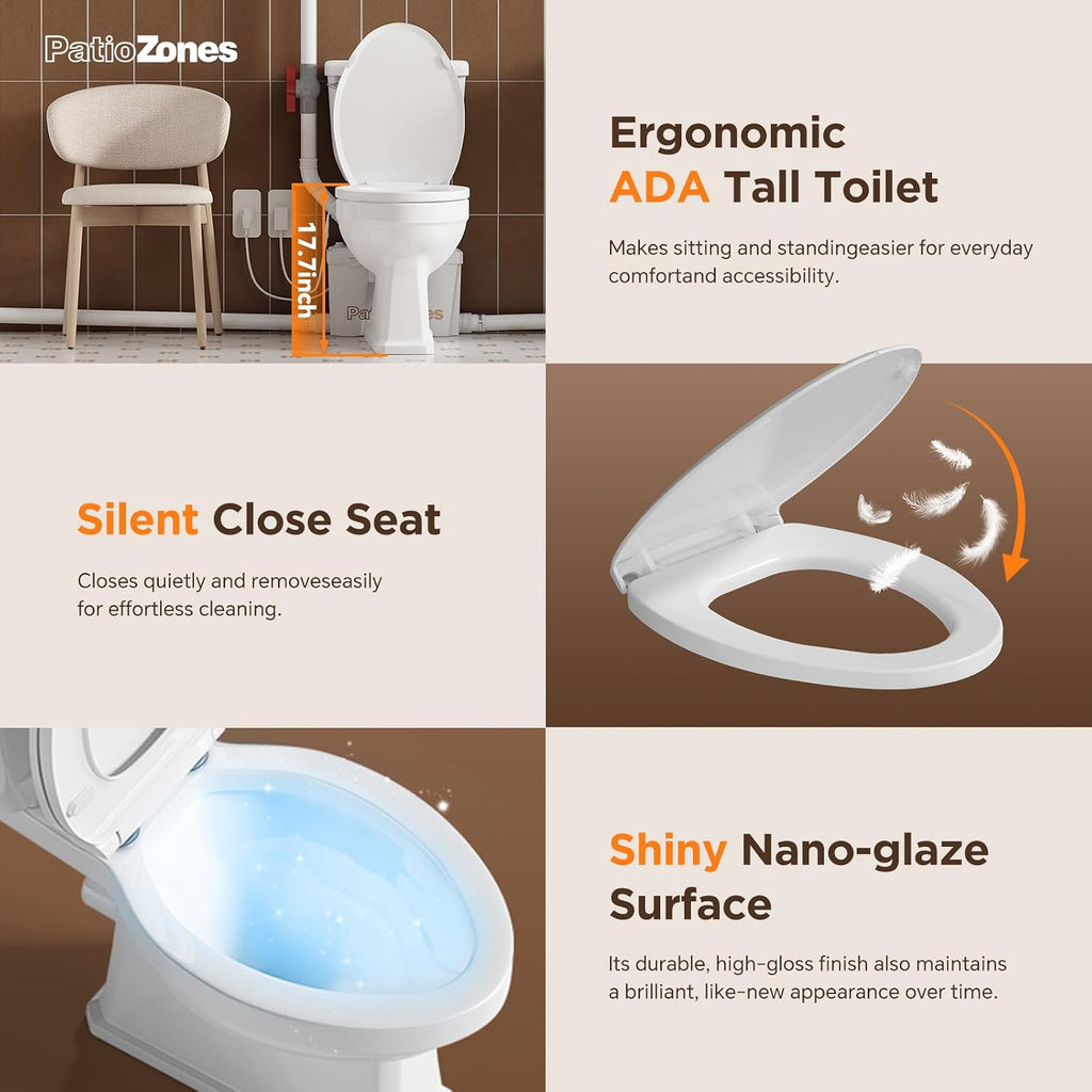Macerating Toilet System, Two-piece Vintage Upflush Toilet with 4 Inlets Grinder Pump for Household Sewage Wastewater Disposal, Copper Motor, Quiet Operation, Extension Pipe Included, Less Consumption