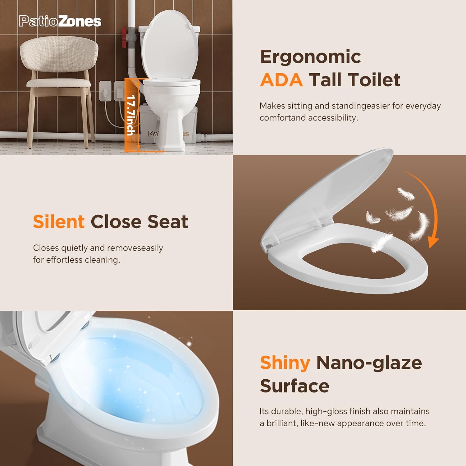 Macerating Toilet System, Two-piece Vintage Upflush Toilet with 4 Inlets Grinder Pump for Household Sewage Wastewater Disposal, Copper Motor, Quiet Operation, Extension Pipe Included, Less Consumption
