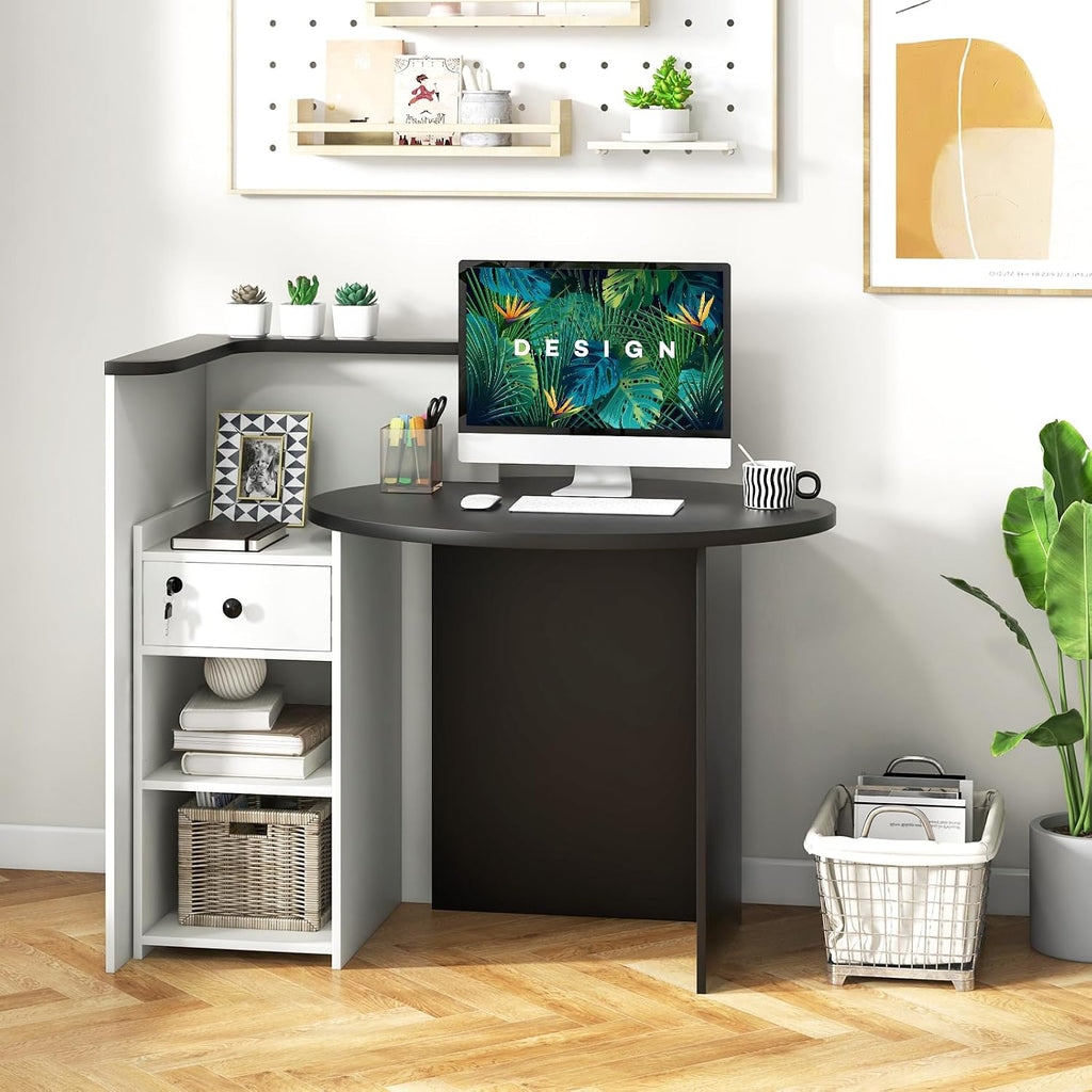 Giantex Reception Desk, Front Counter Desk with Lockable Drawer, Checkout Table with Round Tabletop, Corner Shelf & Adjustable Shelf for Office Beauty Salon Retail Store (White & Black)